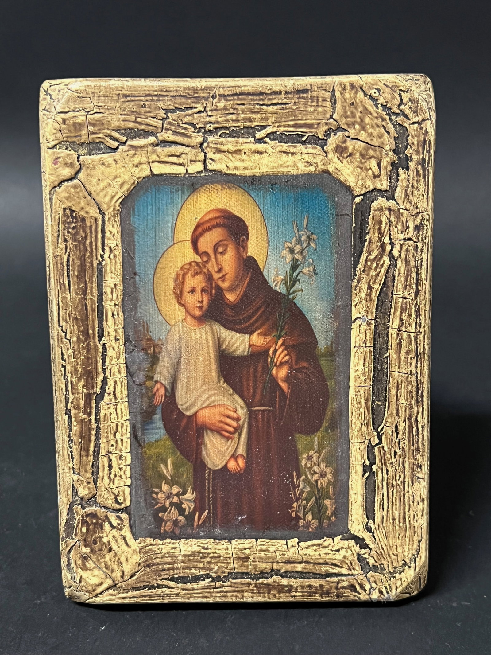 Carved Wood and Printed Icon of Saint Anthony with Baby Jesus: Religious Art Carved Wood and printed Icon of Saint Anthony with Baby Jesus. The dimension is 5.5 inches high x 4.25 inches wide. Please be aware that some of the items are vintage, secondhand, old ag