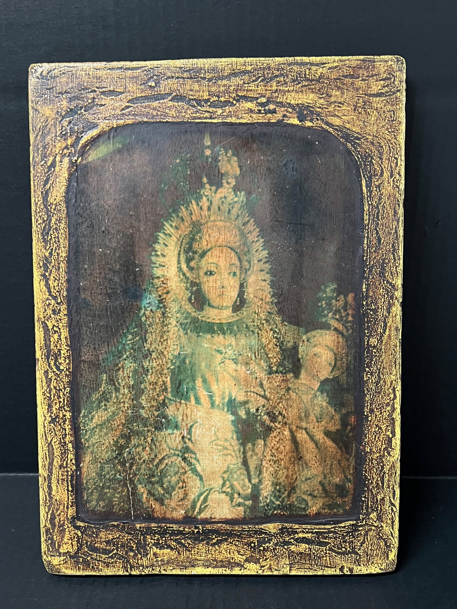 Carved Wood and Printed Icon of Our Lady of Manaog: Religious Art Carved Wood and Printed Icon of Our Lady of Manaog. The dimension is 13.5 inches high x 9.5 inches wide. Please be aware that some of the items are vintage, secondhand, old ages, antique