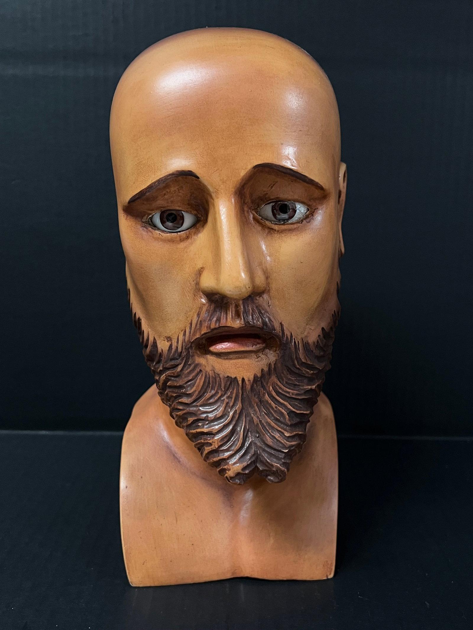 Carved Wood Life Size Head of Saint Joseph with Glass Eyes: Religious Art Carved Wood Life Size Head of Saint Joseph. The dimension is 12 inches high x 6 inches depth x 5 inches wide. Please be aware that some of the items are vintage, secondhand, old ages, an