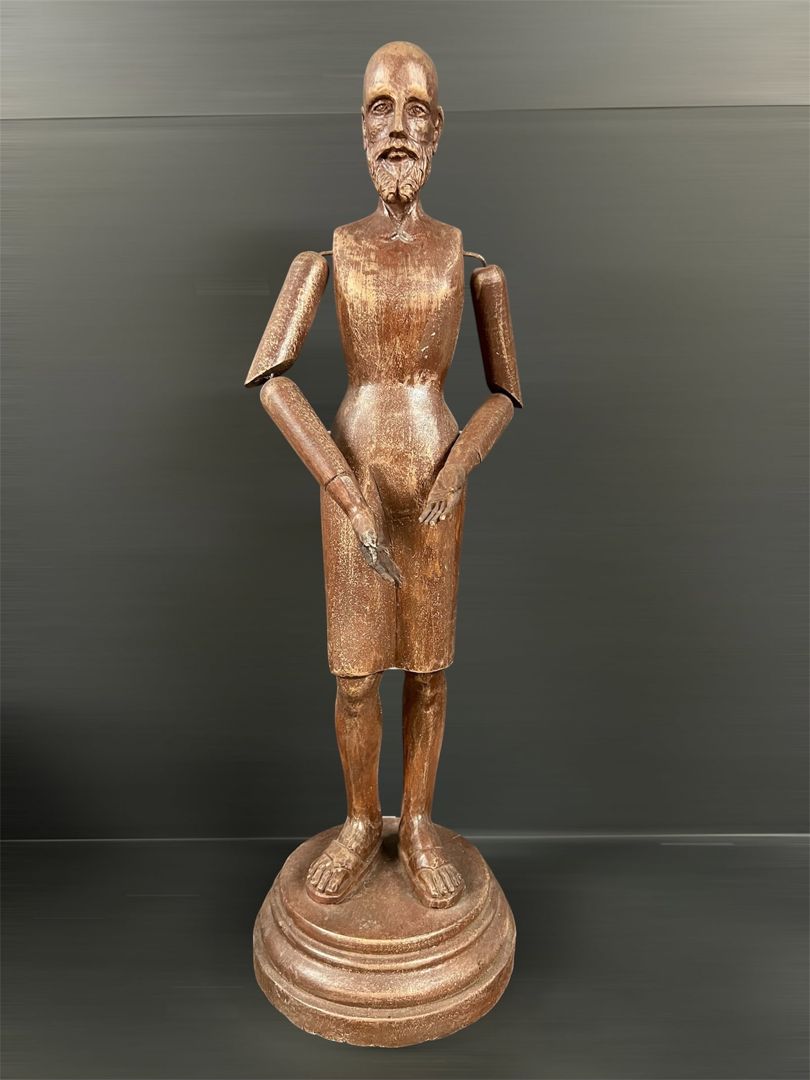 Carved Wood Articulated Hands of Male Saint Mannequin: Religious Art Carved Wood Articulated Hands of Male Saint Mannequin. The dimension is 24.25 inches high x 7.5 inches depth x 7.5 inches wide. Please be aware that some of the items are vintage, second