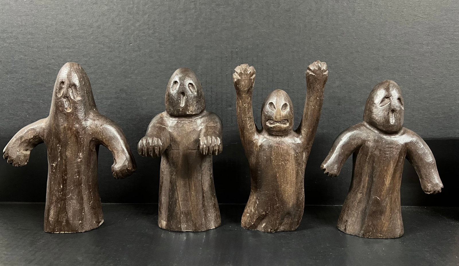 Carved Wood Set of Ghost: Folk Art Carved Wood Set of Ghost. The dimension is 8 inches high x 6 inches wide, 9 inches high x 4 inches wide, 9 inches high x 7 inches wide and 9 inches high x 4.5 inches wide. Please be aware tha