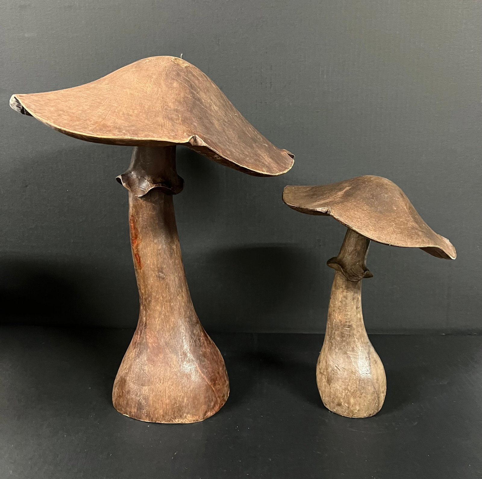Carved Wood Set of Mushroom: Folk Art Carved Wood Set of Mushroom. The dimension is 18 inches high x 14 inches wide and 12 inches high x 9 inches wide. Please be aware that some of the items are vintage, secondhand, old ages,