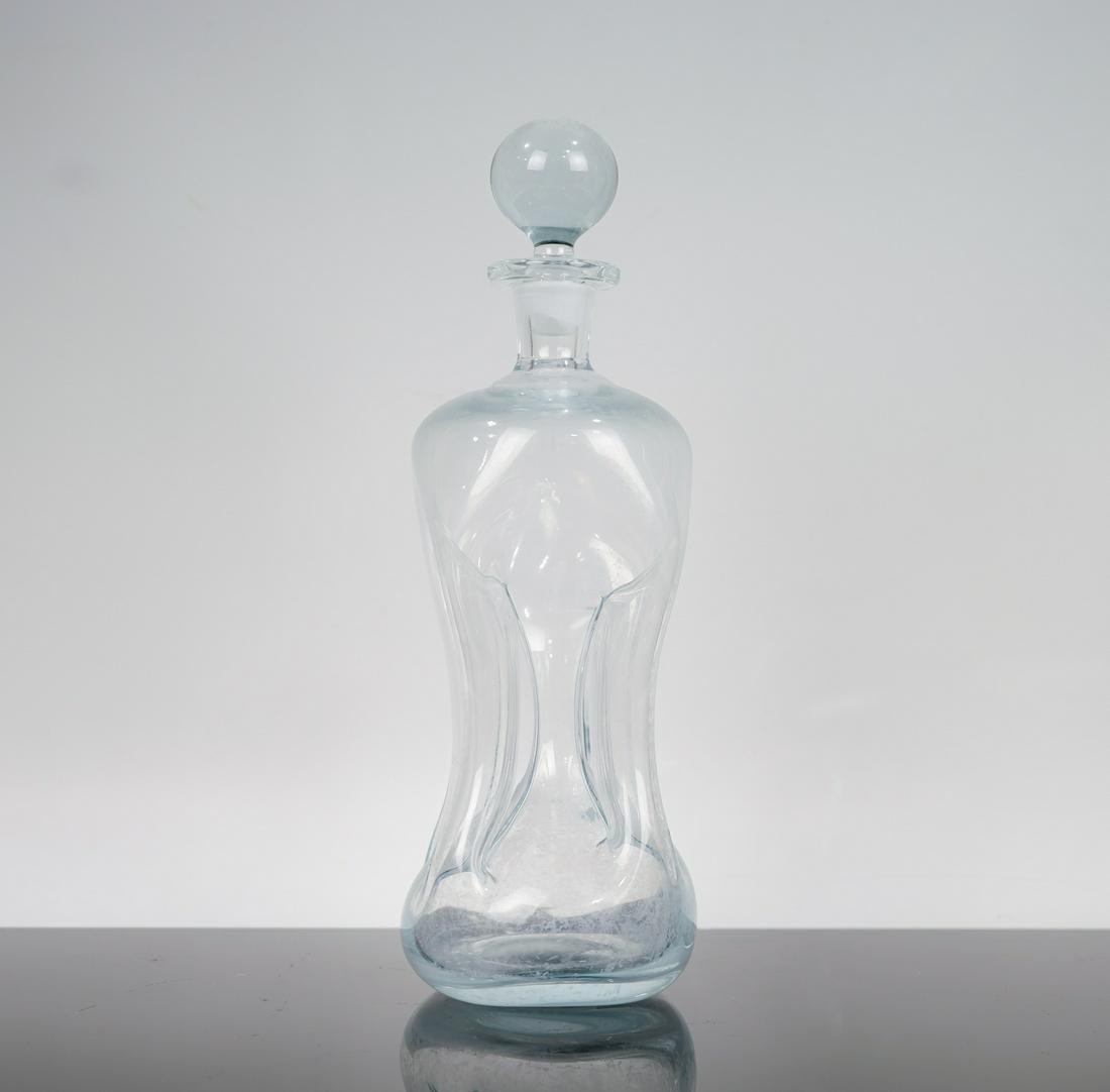 Holmegaard Atrb. Klucka Bottle with Stopper: Holmegaard Atrb. Klucka Bottle with Stopper Unmarked but appears to be made by Kastrup Holmegaard Denmark, designed by Jacob Bang. Clear glass pinch bottle decanter with solid glass stopper. Measures