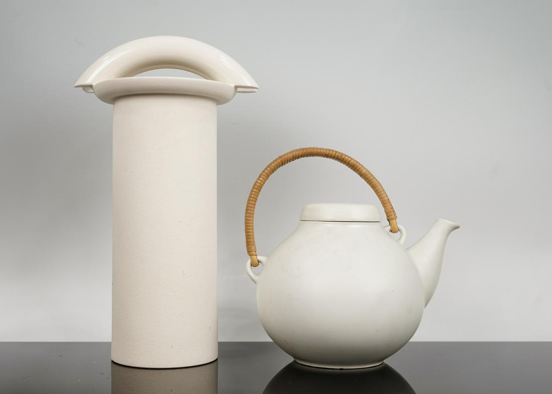 Marek Cecula Vase & Ulla Procopé for Arabia Teapot: Marek Cecula Vase & Ulla Procopé for Arabia Teapot Marek Cecula Vase - has crazing throughout and has a large chip on the underside edge of one of the handles. Ulla Procopé for Arabia Finland G-A-3