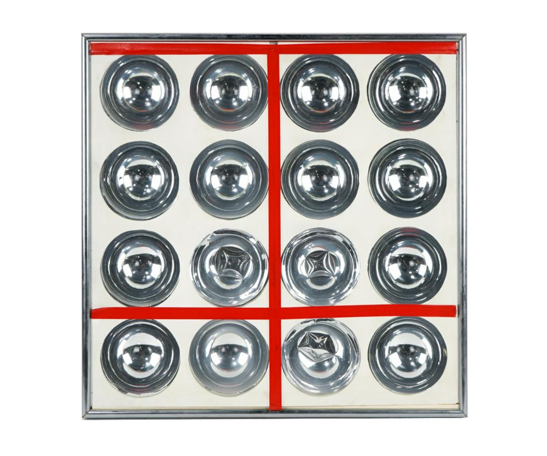 Ron Fritts Pop Art Wall Shadow Box Sculpture-1960s: Ron Fritts Studios pop art hanging shadowbox, contains 16 reflective concave domes. In front allies sheets of Lexan partially painted to fit the pattern of the domes. Measures 24?u009D square, and sta