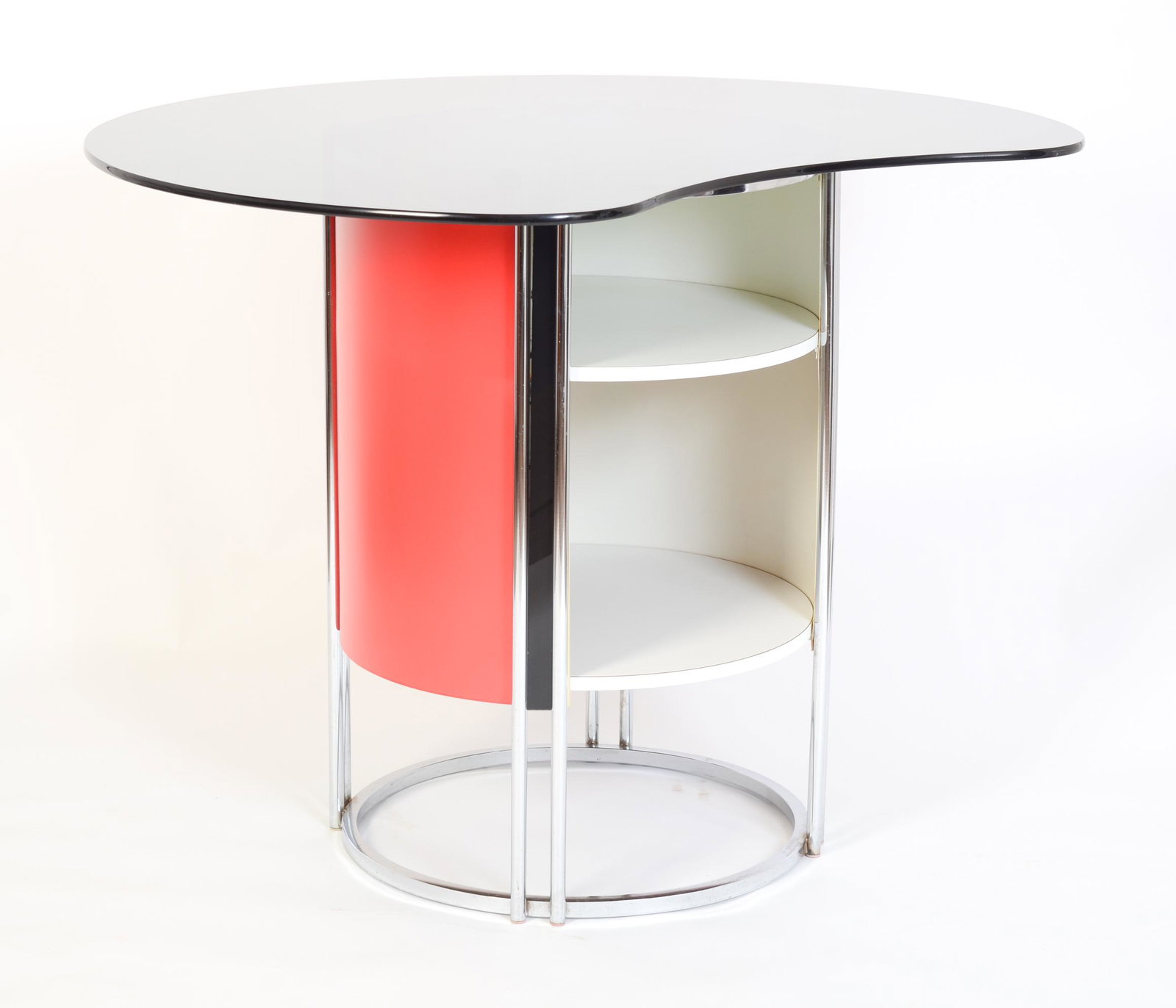 Chromcraft Modern-Style Bar: The glass is not attached. It measures 48” wide and 43” deep. The bar measures 36” tall with a 24” diameter.