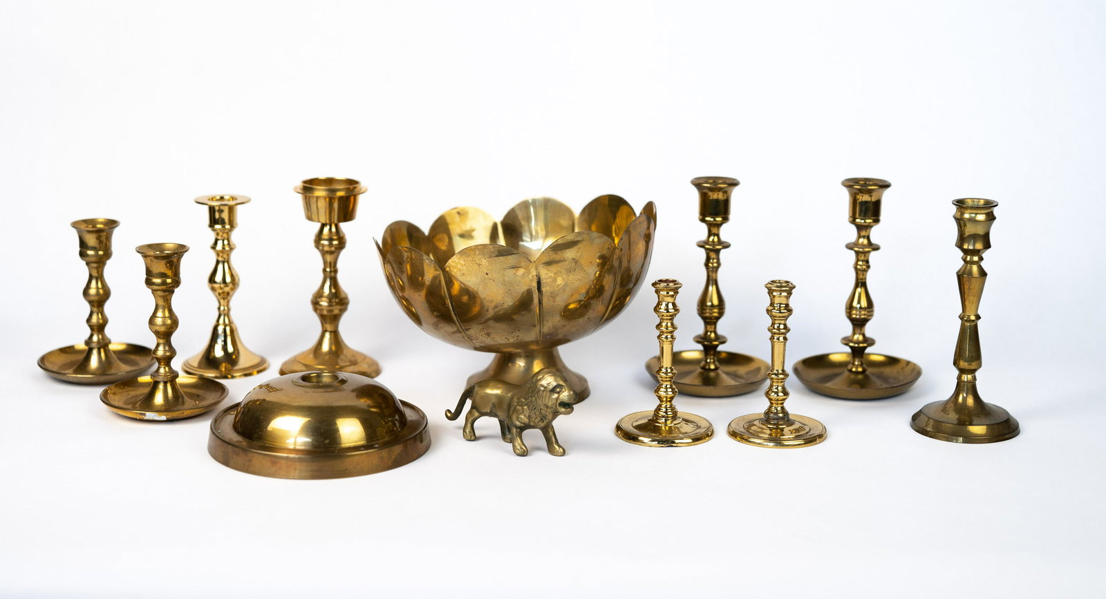 Brass Lot with Candleholders, Bowl, Lion (1 of 6)