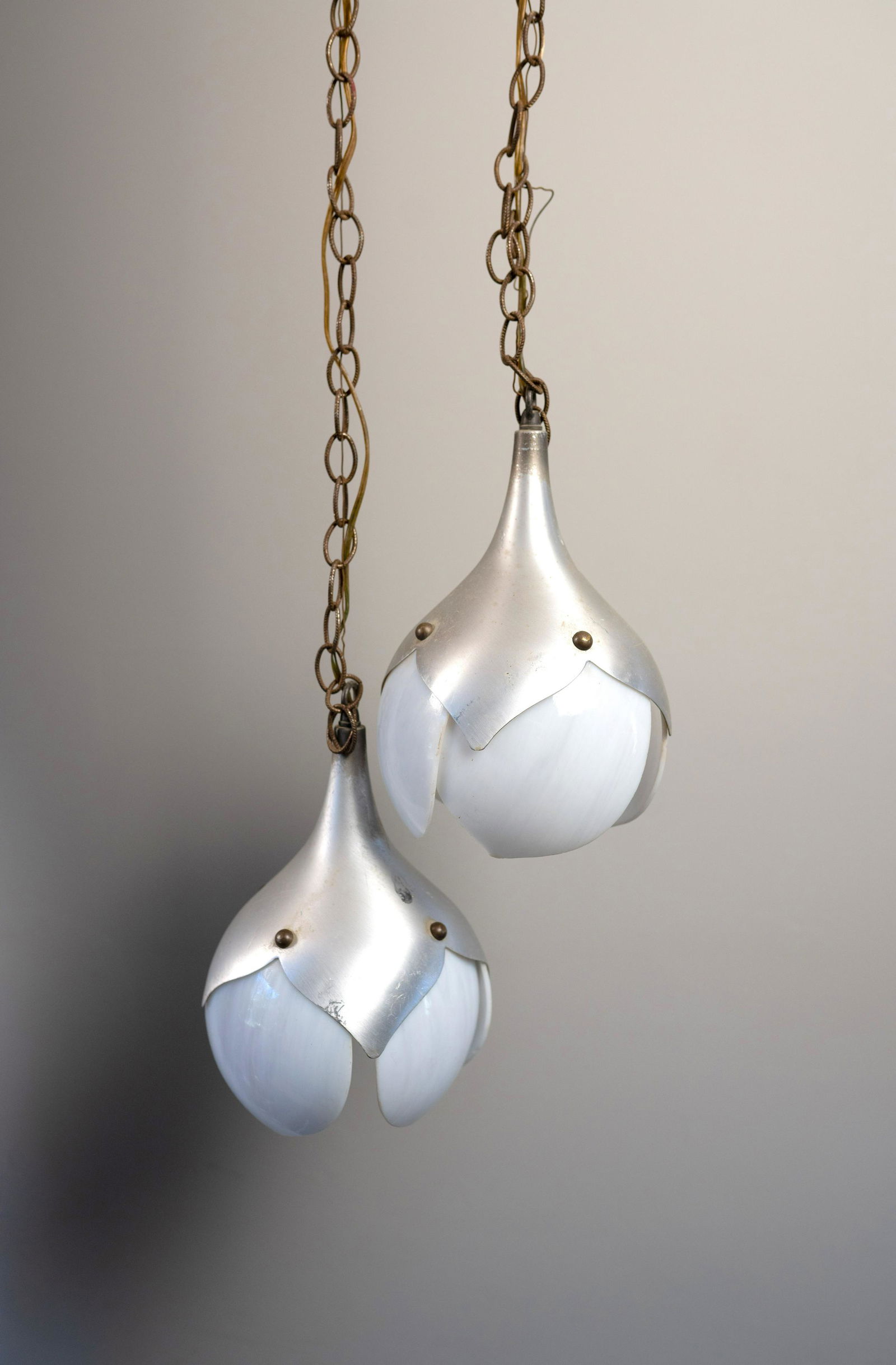 Vintage MCM Tulip Metal and Slag Glass Lotus Pendant Lights (1 of 4)