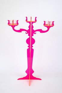 Sawaya Moroni Maua Huni Acrylic Candle Holder in Fuchsia Fluo (1): Designed by Ingrid Gossner, 1992. Original box and instructions included, breaks down to lay flat. When constructed, it measures 16 inches tall, 11 inches wide and 6.5 inches deep.