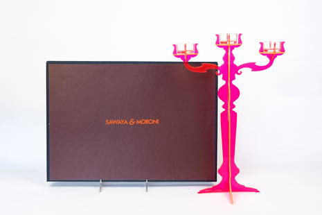 Sawaya Moroni Maua Huni Acrylic Candle Holder in Fuchsia Fluo (2): Designed by Ingrid Gossner, 1992. Original box and instructions included, breaks down to lay flat. When constructed, it measures 16 inches tall, 11 inches wide and 6.5 inches deep.