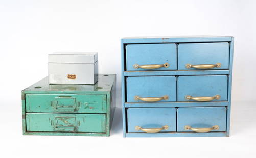 Vintage Metal Drawer Cabinets: Two larger boxes are both tool storage chests. Small box is a vintage industrial style recipe card holder. Large blue chest is 11.5 inches wide, 11.5 inches deep and 11 inches tall. Green Union with t