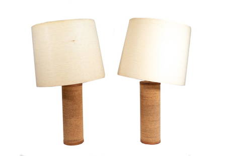 Pair of Vintage Corrugated Cardboard Cylindrical Lamp Attrib. Gregory Van Pelt for Raymor: Pair of vintage cylindrical corrugated cardboard lamps with plywood top and base attributed to Gregory Van Pelt for Raymor. Lampshades are hard plastic with soft exterior. 19.5 inches tall to the top