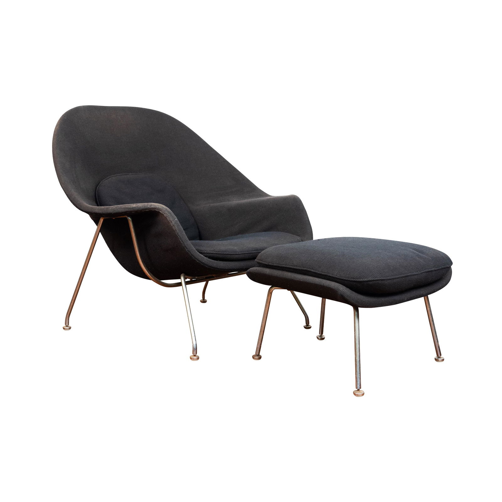 Eero Saarinen for Knoll Womb Chair and Ottoman: Chair is 35 inches tall, 38.25 inches wide and 31 inches deep with a seat height of 14.5 inches. Ottoman is 14.5 inches tall, 25 inches wide and 22 inches deep.*Local Pick-Up, Local Delivery or Third