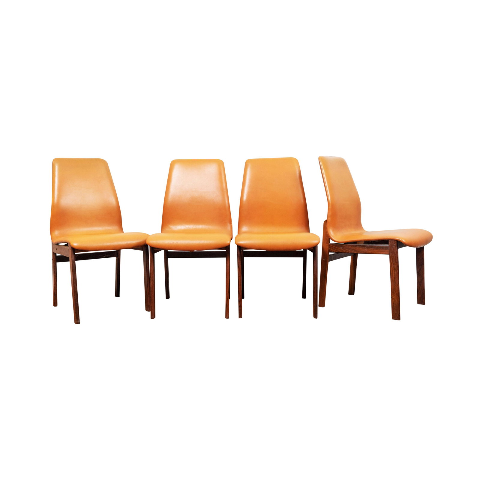 Hugo Franzen Set of 4 Leather and Rosewood Dining Chairs: Marked made in Denmark. One original SCAN tag included. Each chair is 35.5 inches tall, 18 inches wide, 20 inches deep with a seat height of 18 inches.Also spelled Frandsen occasionally. ” *Pick