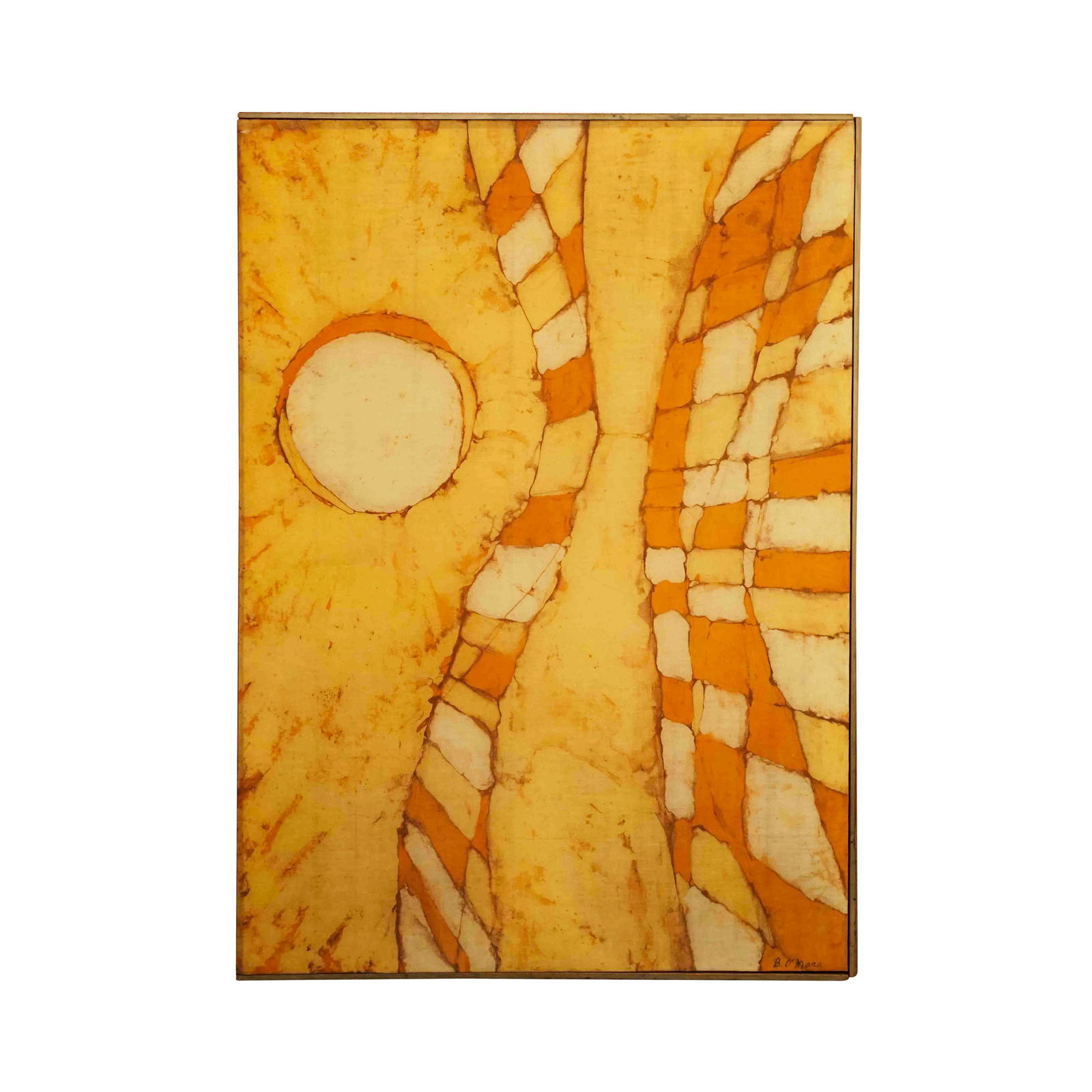 'Yellow Brick Road' by Betty O' Mara: A beautiful stretched Batik linen image stretched over wood frame with artist board backing. Measures 27.25 inches wide, 38.5 inches tall.