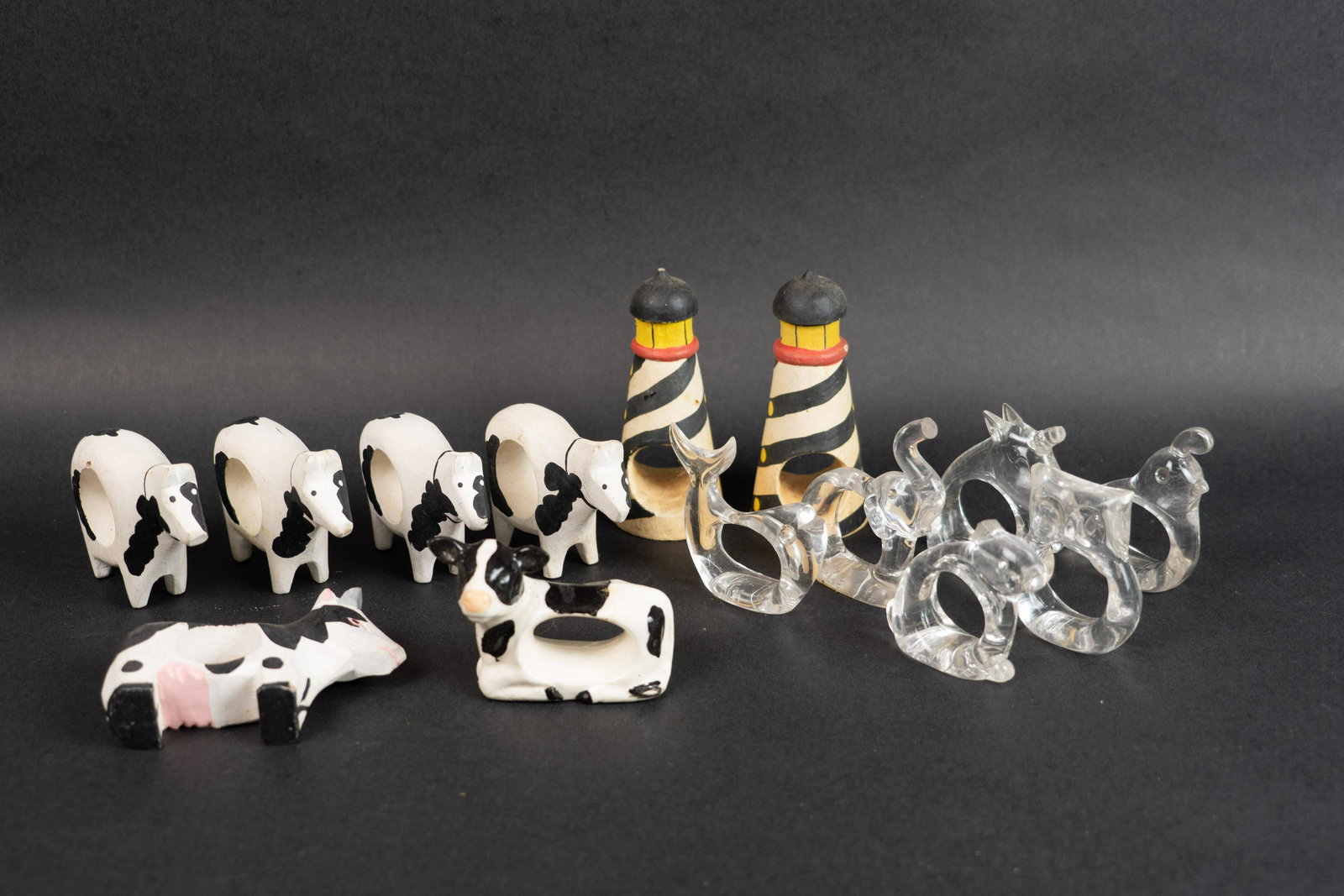 Napkin Rings: Includes 4 matching cows, 2 odd cows, 2 lighthouses and 6 lucite animals.