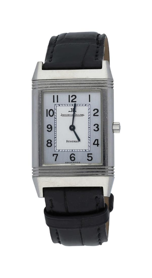 JAEGER-LECOULTRE Herrenarmbanduhr, Reverso, ...: JAEGER-LECOULTRE Herrenarmbanduhr, Reverso, Stahl, Handaufzug, mit schwarzem Krokolederband mit Faltschliesse, versilbertes Zifferblatt, arabische Zahlen und Minuteneinteilung, Referenznummer 250.886,