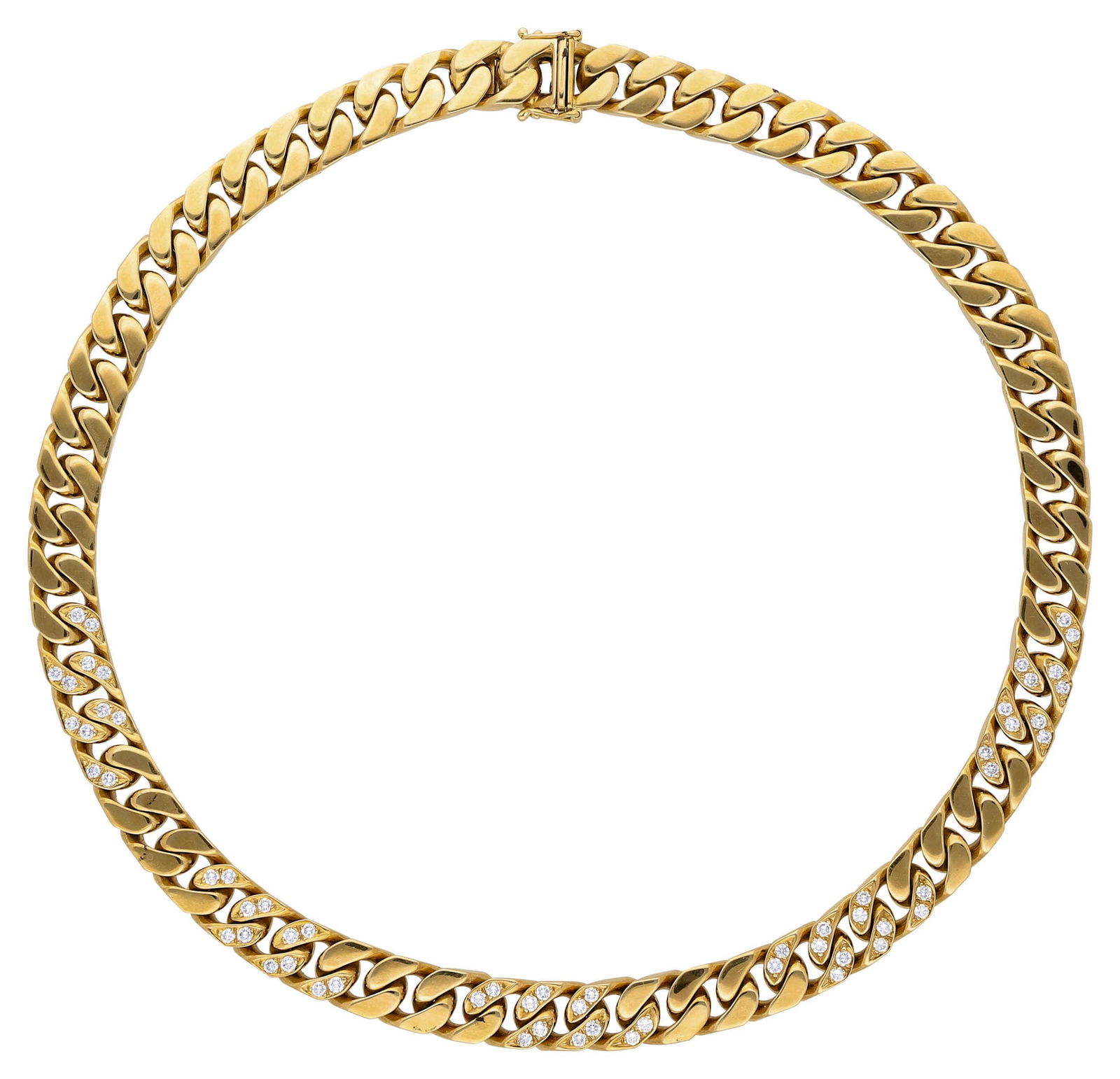 Brillant-Gold-Schmuckset Massives ...: Brillant-Gold-Schmuckset Massives Panzer-Design-Set von C. Bucherer, Zürich in Gelbgold 18K. Bestehend aus einem Collier und einem Bracelet. Im Collier verarbeitet Brillanten von zus. ca. 1,8 ct. (E/