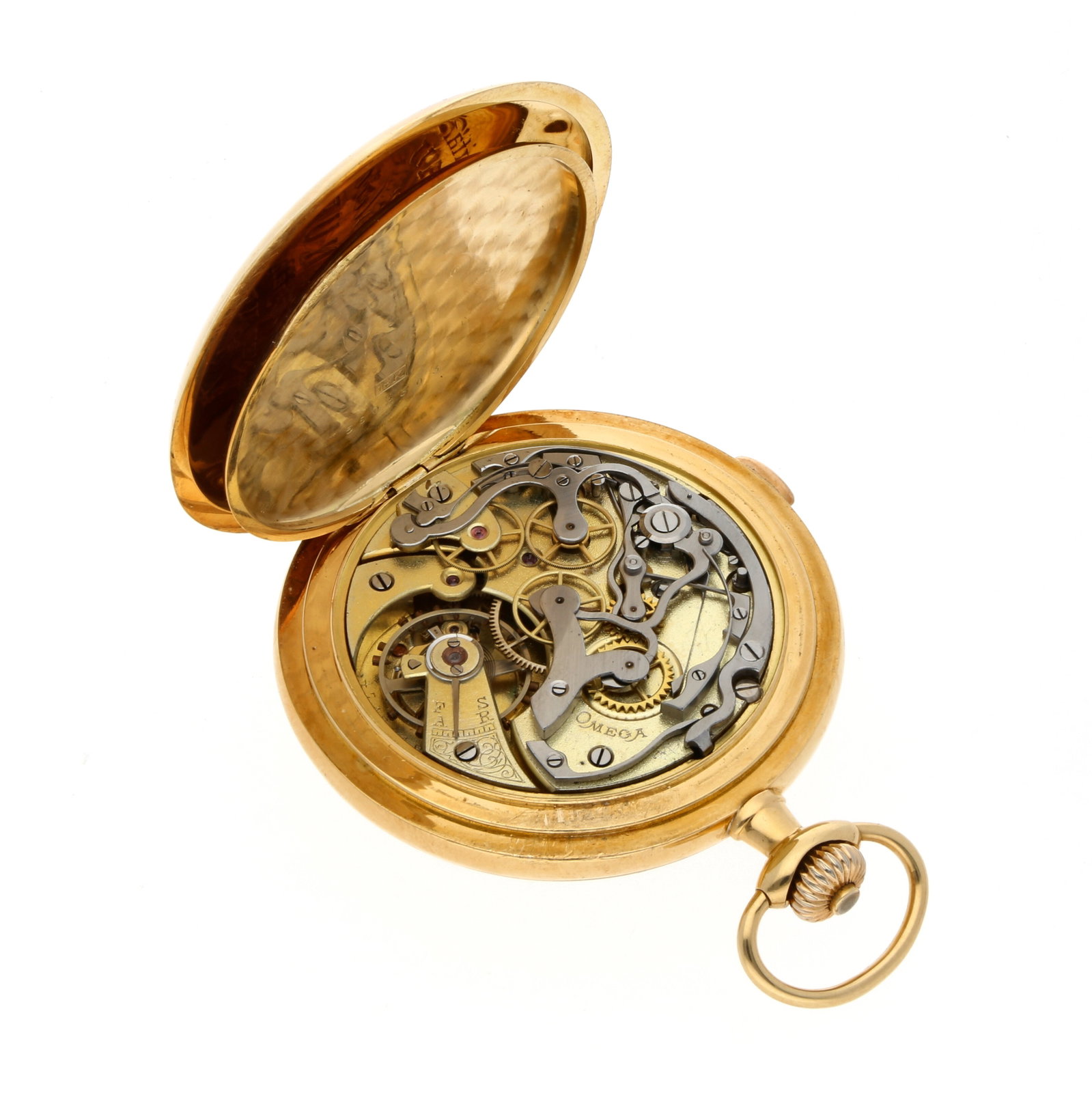 Omega: OMEGA CHRONOGRAPH SAVONETTE, 18K Gelbgold, Herstellungsjahr ca. 1916, Durchmesser 51 mm, Gehäuse Klassische Savonette aus 18K Gelbgold mit Sprungdeckel und fein guillochierten Innendeckeln;