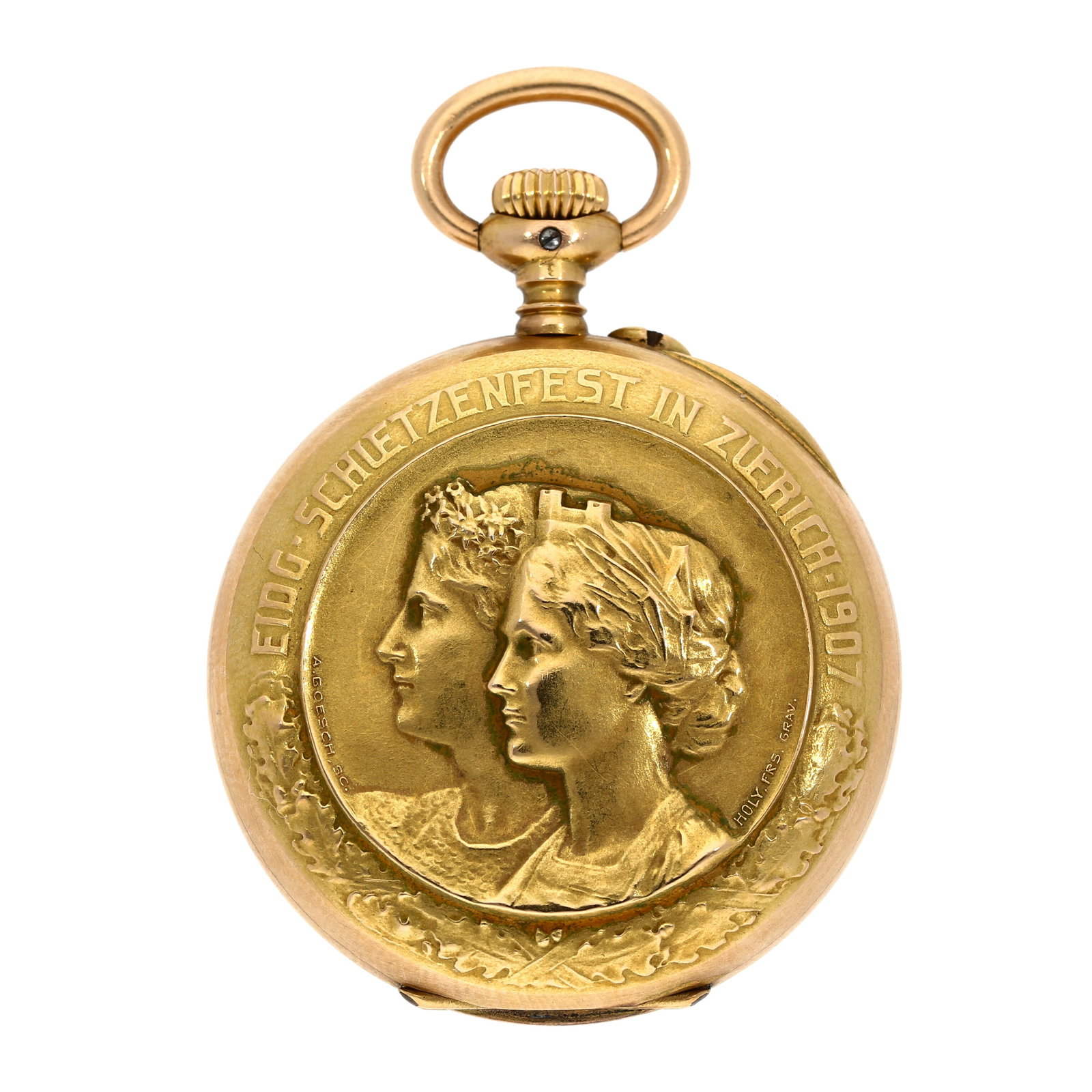 Longines: LONGINES SCHÜTZENUHR ZÜRICH, 18K Gelbgold, Herstellungsjahr 1907, Durchmesser 31 mm, Gehäuse Feines Lépine-Gehäuse aus 18K Gelbgold mit hochreliefiertem