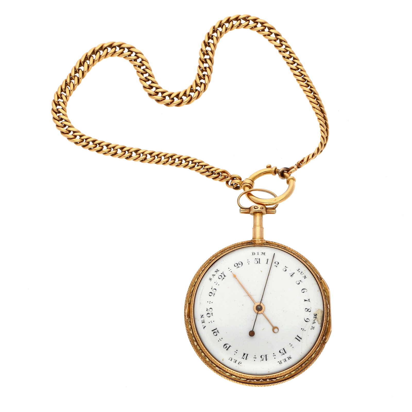 Spindeluhr Doppelzifferblatt: SPINDELUHR DOPPELZIFFERBLATT «PASTORALE & KALENDER», 18K Gelbgold, Herstellungsjahr um 1800, Durchmesser 55 mm, Gehäuse Rundes Goldgehäuse mit fein gravierter Lünette und durchbrochenem