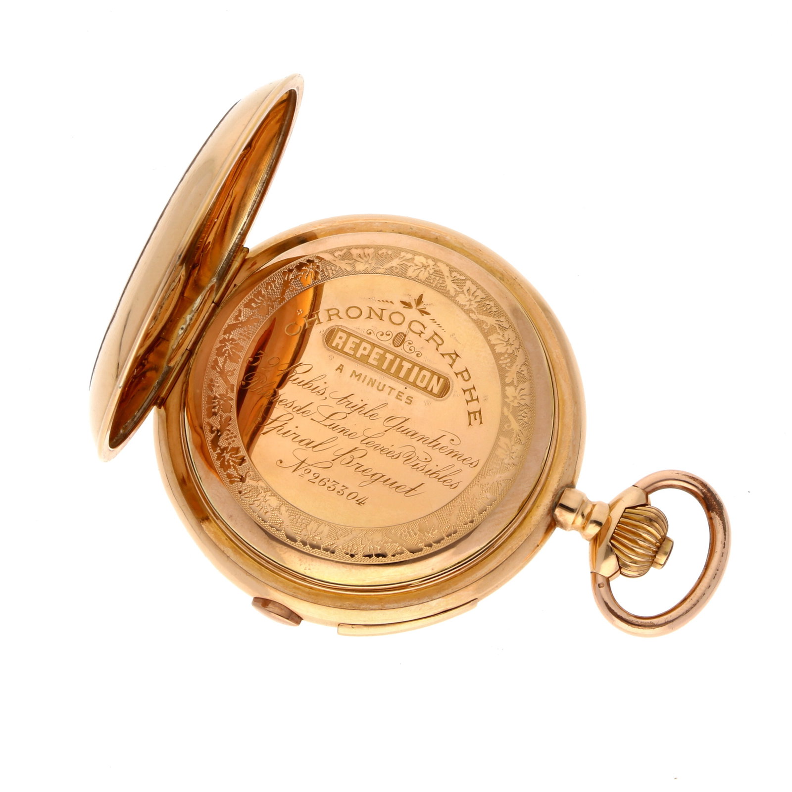 Anonym: ANONYM KOMPLIKATIONS-TASCHENUHR, 18K Roségold, Herstellungsjahr ca. 1895–1905, Durchmesser ca. 60 mm, Gehäuse Savonnette mit fein guillochierten Vorder- und Rückdeckeln sowie ziselierter