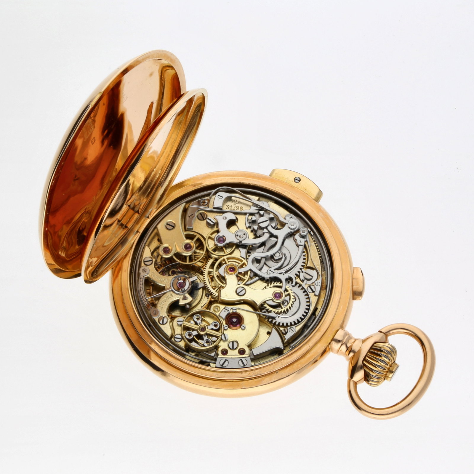 Anonym: ANONYM MINUTENREPETITION UND CHRONOGRAPH, 18K Roségold, Herstellungsjahr ca. 1895–1910, Durchmesser ca. 53 mm, Gehäuse Savonnette mit glattem Sprungdeckel und fein abgesetztem Profil;