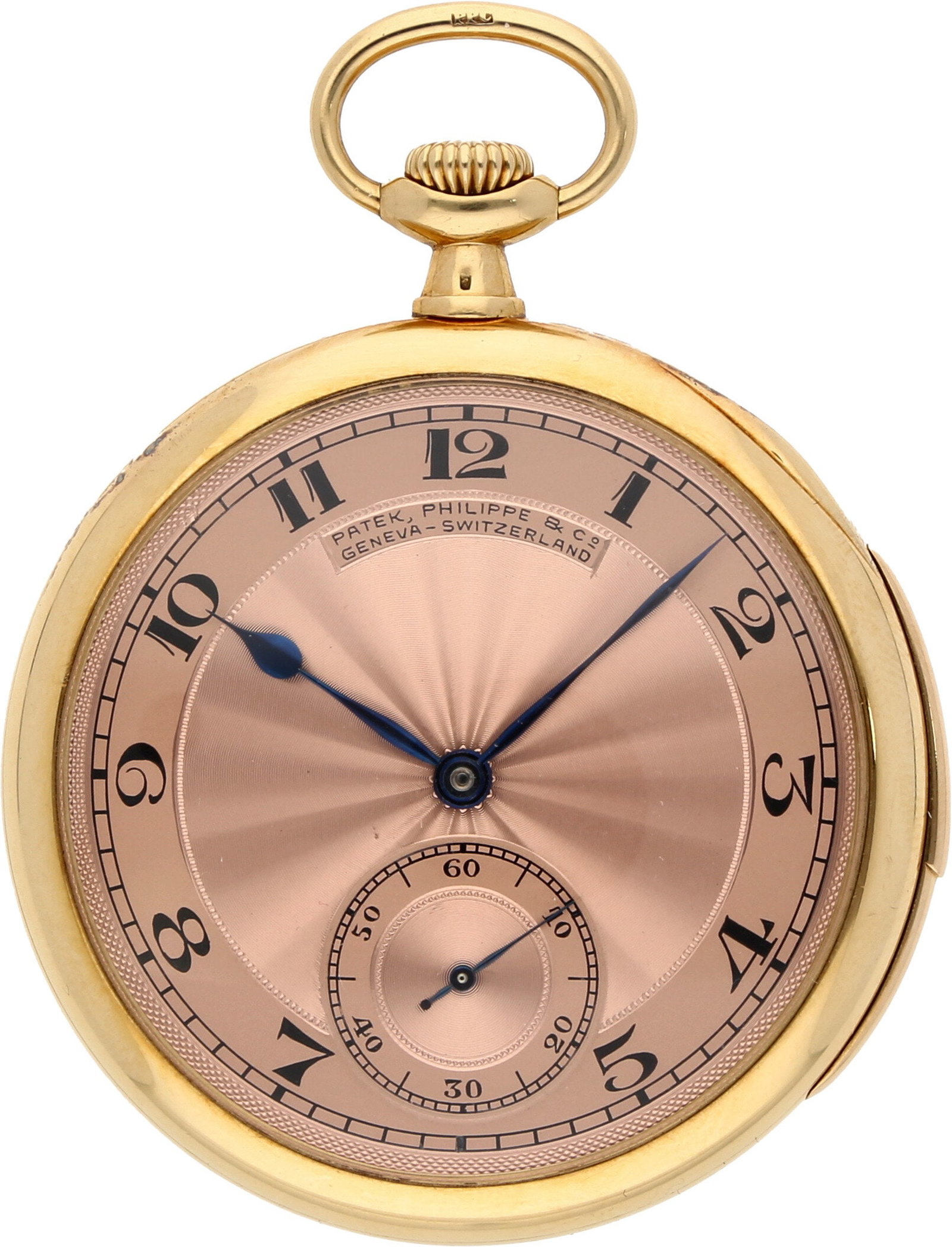 Patek Philippe: PATEK PHILIPPE TASCHENUHR MINUTENREPETITION, 18K Gelbgold, Herstellungsjahr 1915, Durchmesser ca. 47 mm, Gehäuse Offene Taschenuhr in klassischer Bassine-Form aus 18K Gelbgold; warmtonig