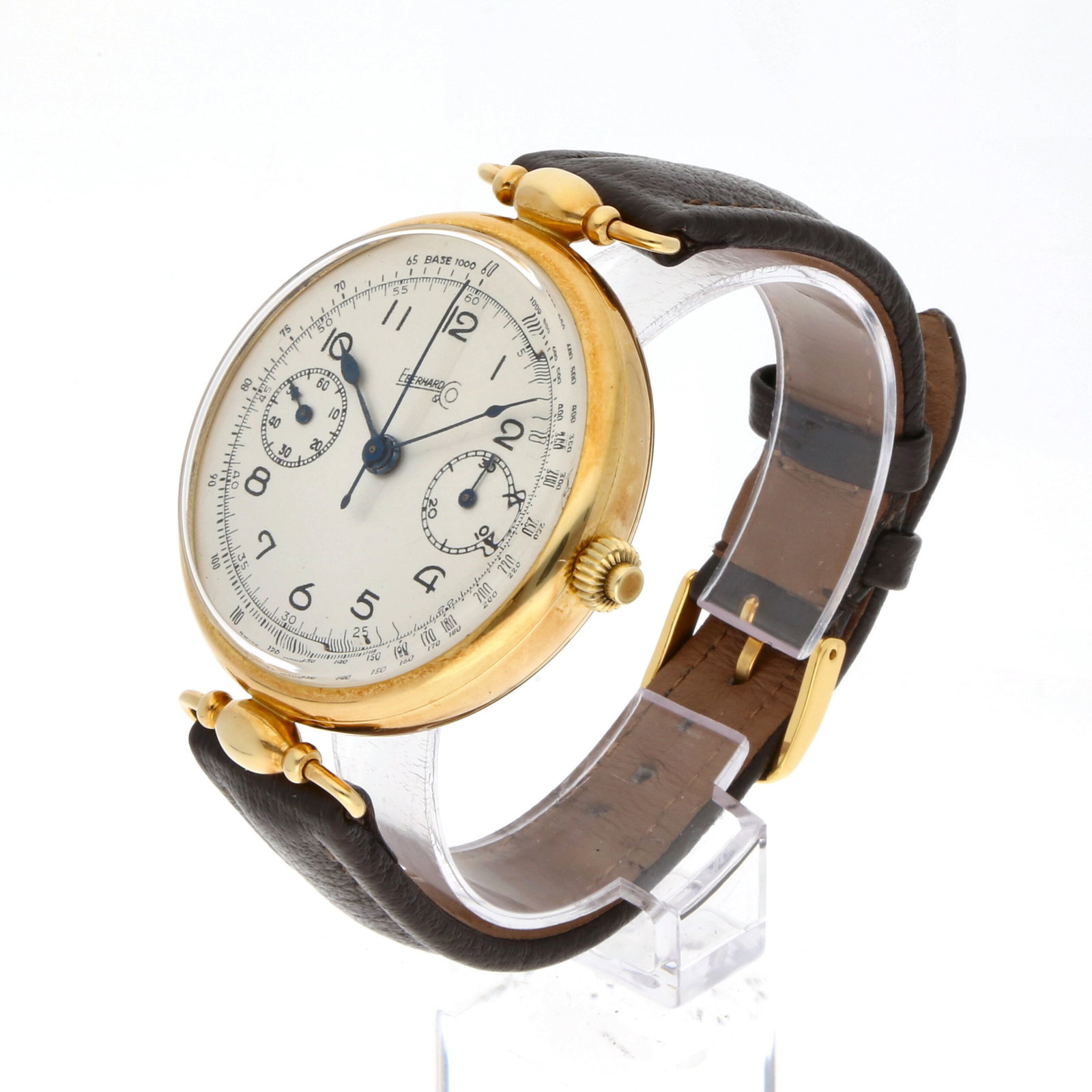 Eberhard & Co.: EBERHARD & CO. CHRONOGRAPH, 18K Gelbgold, Herstellungsjahr ca. 1930er Jahre, Durchmesser 47 mm, Gehäuse Überdimensioniertes Rundgehäuse mit hochgewölbtem Plexiglas und poliertem Sprungdeckel;