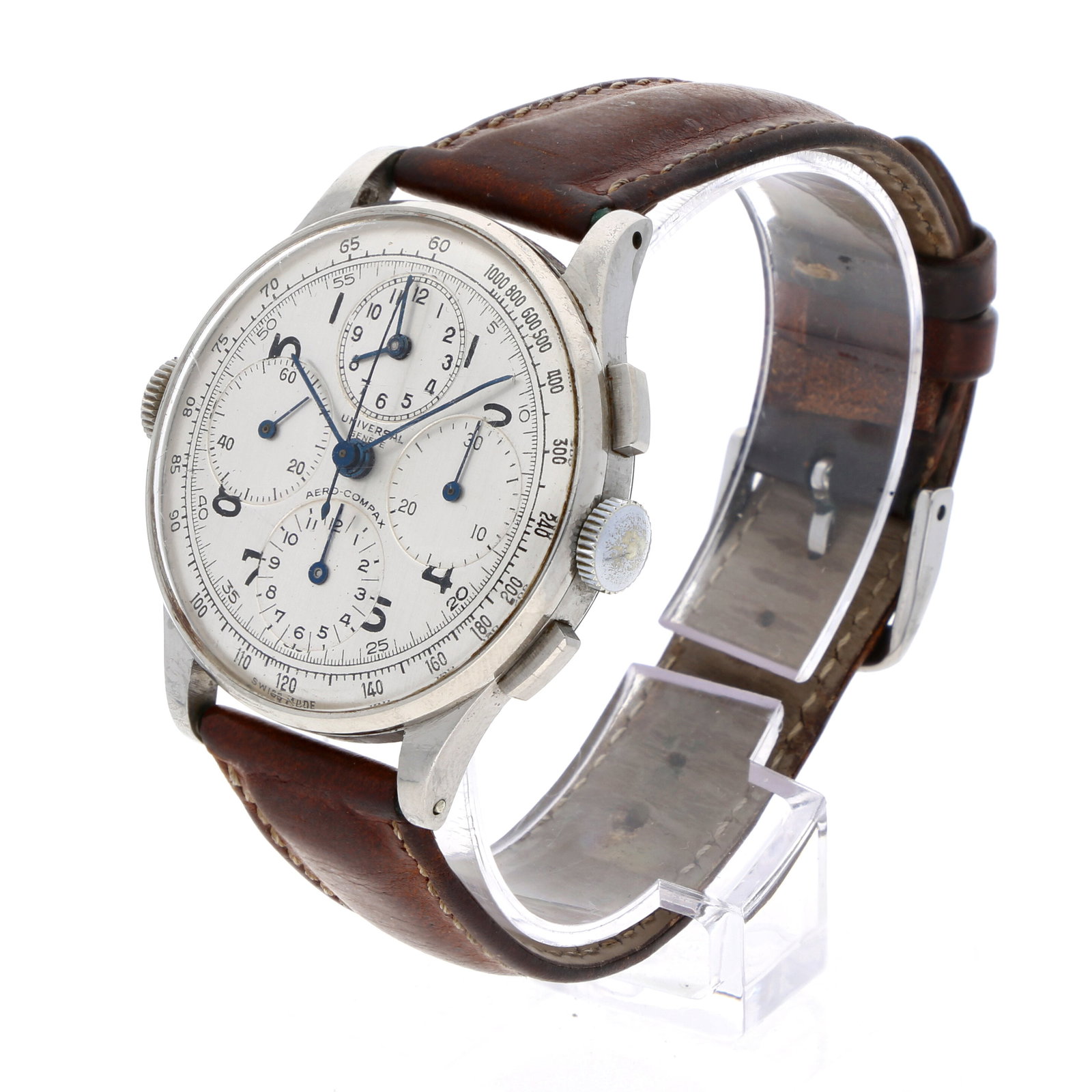 Universal Genève: UNIVERSAL GENÈVE AERO-COMPAX, Edelstahl, Referenz 22414, Herstellungsjahr ca. 1942, Durchmesser ca. 36 mm, Gehäuse Rundes Stahlgehäuse mit kräftig geschwungenen Bandanstössen und schlanker