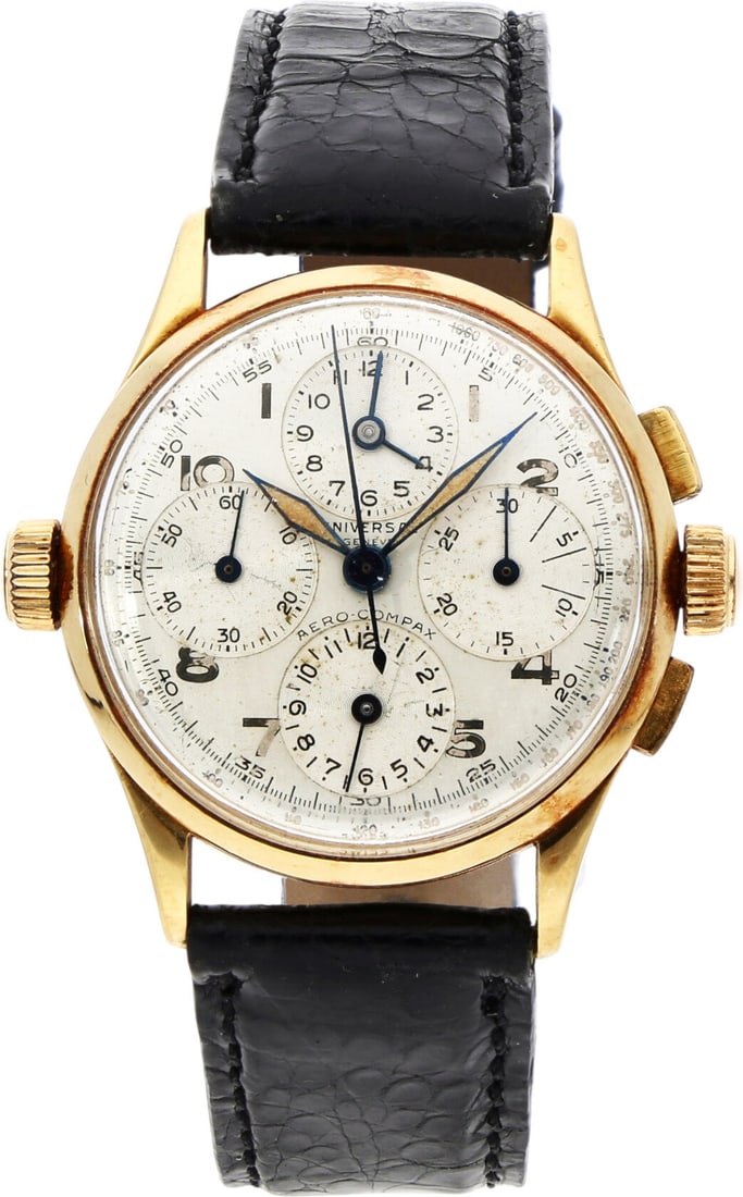 Universal Genève: UNIVERSAL GENÈVE AERO-COMPAX, 14K Gelbgold, Referenz 52205, Herstellungsjahr ca. 1945, Durchmesser 33 mm, Gehäuse Rundes Gehäuse aus 14K Gelbgold mit markanten Drückern und zwei Kronen;