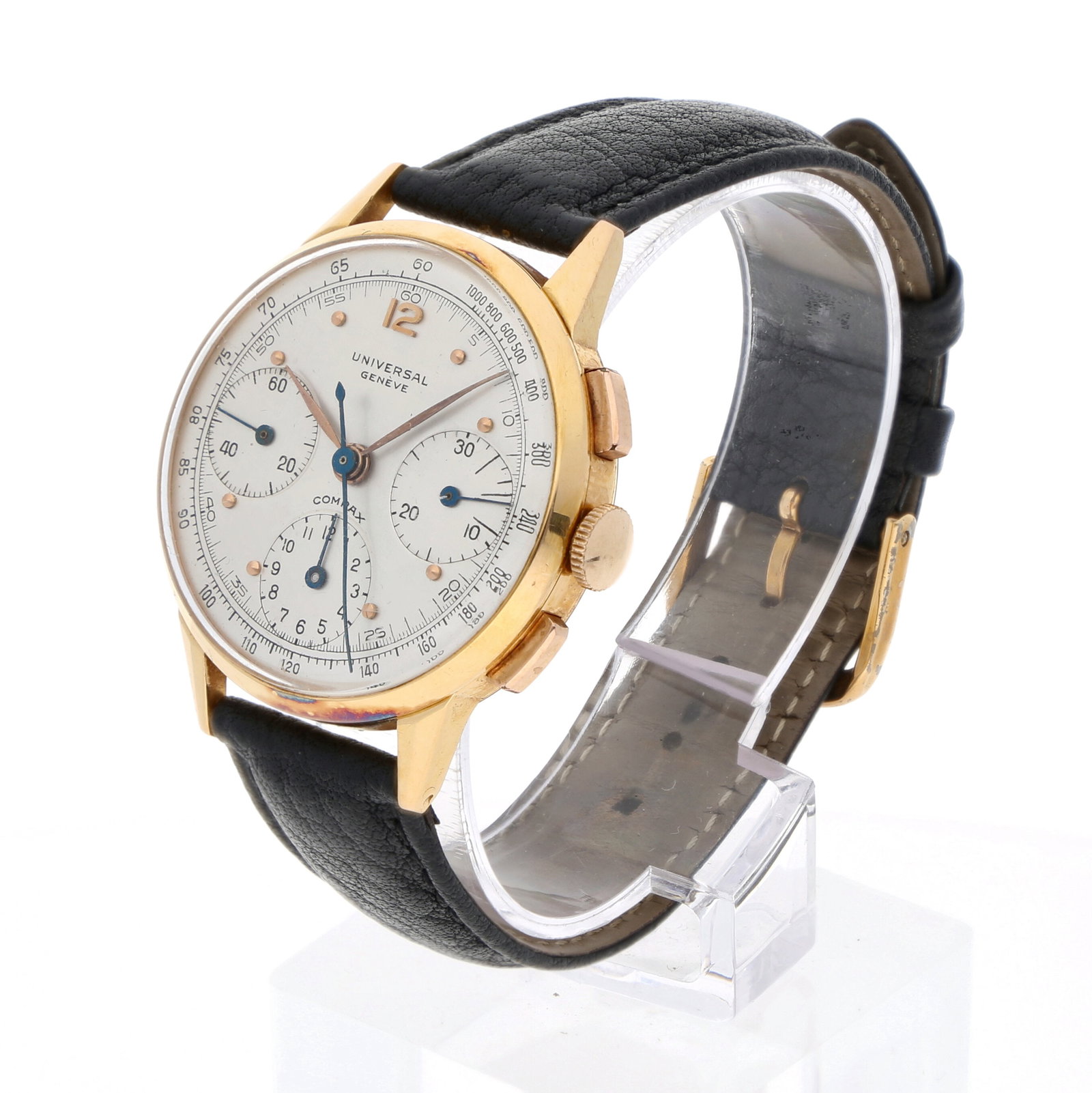 Universal Genève: UNIVERSAL GENÈVE COMPAX, Roségold 18K, Herstellungsjahr ca. Ende 1940er Jahre, Durchmesser 34 mm, Gehäuse Rundes Gehäuse aus 18K Roségold mit schlanker, polierter Lünette und weich