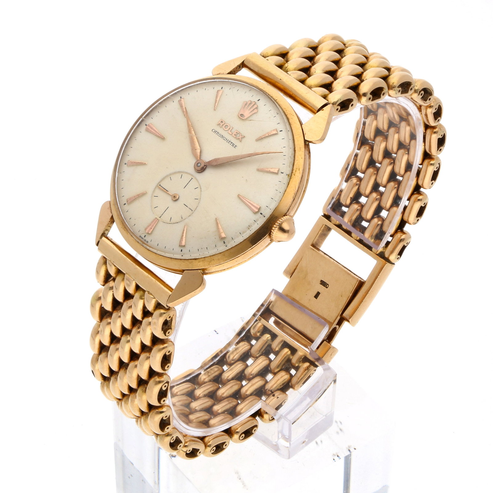Rolex: ROLEX CHRONOMÈTRE „BEADS OF RICE", 18K Gelbgold, Referenz 3714, Herstellungsjahr ca. 1945-1950, Durchmesser 34 mm, Gehäuse Rundes 18K Gelbgoldgehäuse mit schlanken