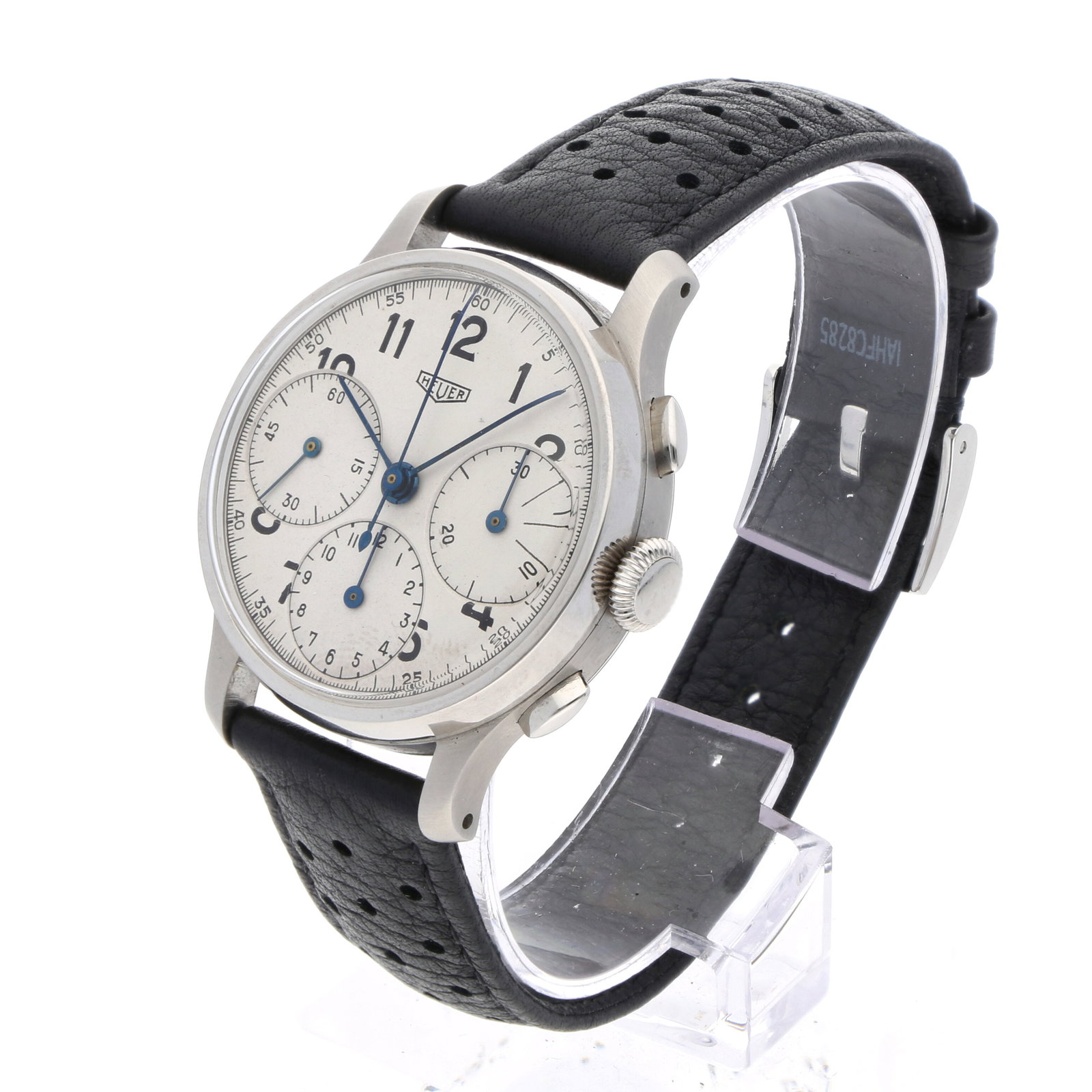 Tag Heuer: HEUER CHRONOGRAPH, Edelstahl, Referenz 345, Herstellungsjahr ca. 1945, Durchmesser 36 mm, Gehäuse Rundes, dreiteiliges Edelstahlgehäuse mit schlanken Proportionen, gebürsteten Bandanst&