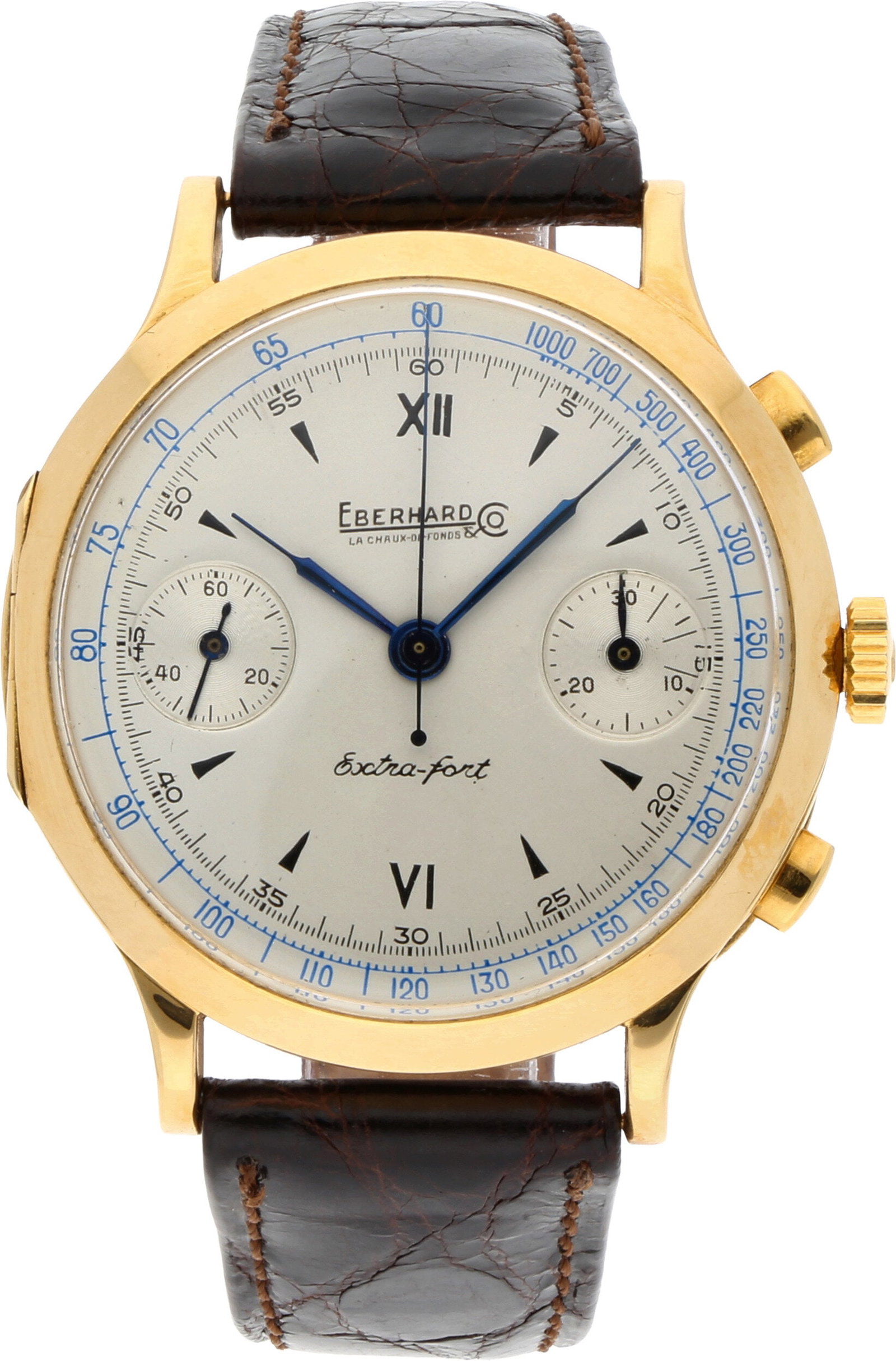 Eberhard & Co.: EBERHARD & CO. EXTRA-FORT, 18K Gelbgold, Herstellungsjahr ca. 1940/50er Jahre, Durchmesser 39 mm, Gehäuse Klassisch geschwungenes Rundgehäuse mit fein polierten Flächen und aufgesetzten