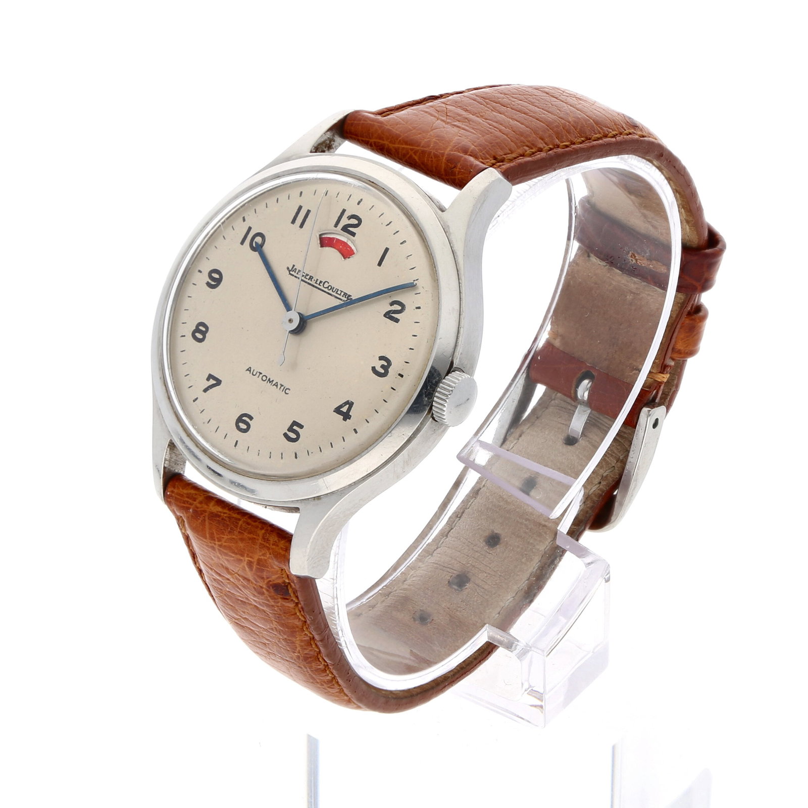 Jaeger LeCoultre: JAEGER-LECOULTRE POWERMATIC, Edelstahl, Herstellungsjahr ca. 1951–1953, Durchmesser 33,5 mm, Gehäuse Rundes Edelstahlgehäuse mit markant geschwungenen, langgezogenen