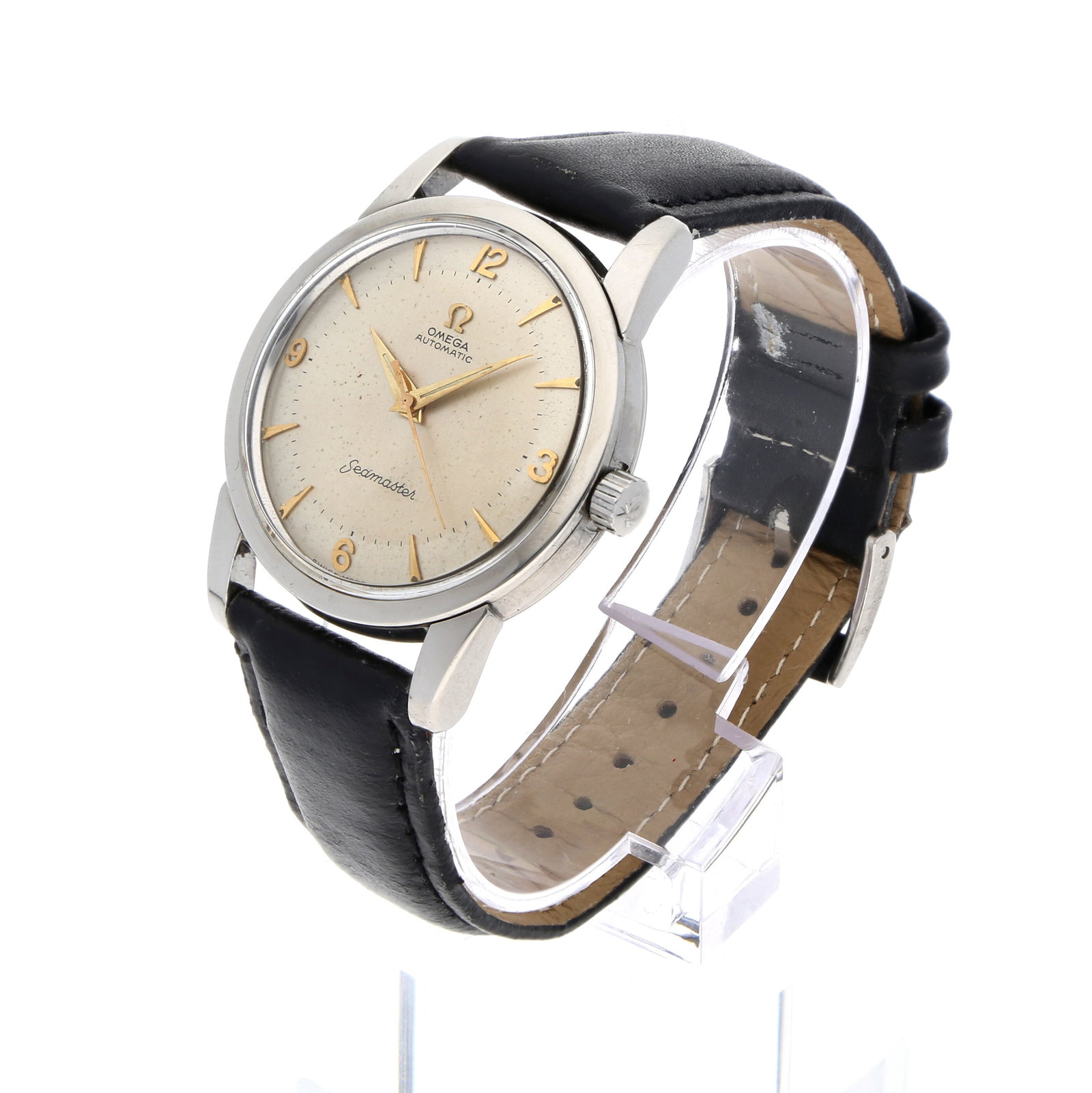 Omega: OMEGA SEAMASTER «BUMPER», Stahl, Referenz 2767-4 SC, Herstellungsjahr ca. 1954, Durchmesser 34 mm, Gehäuse Stahlgehäuse mit nach unten gezogenen Bandanstössen und