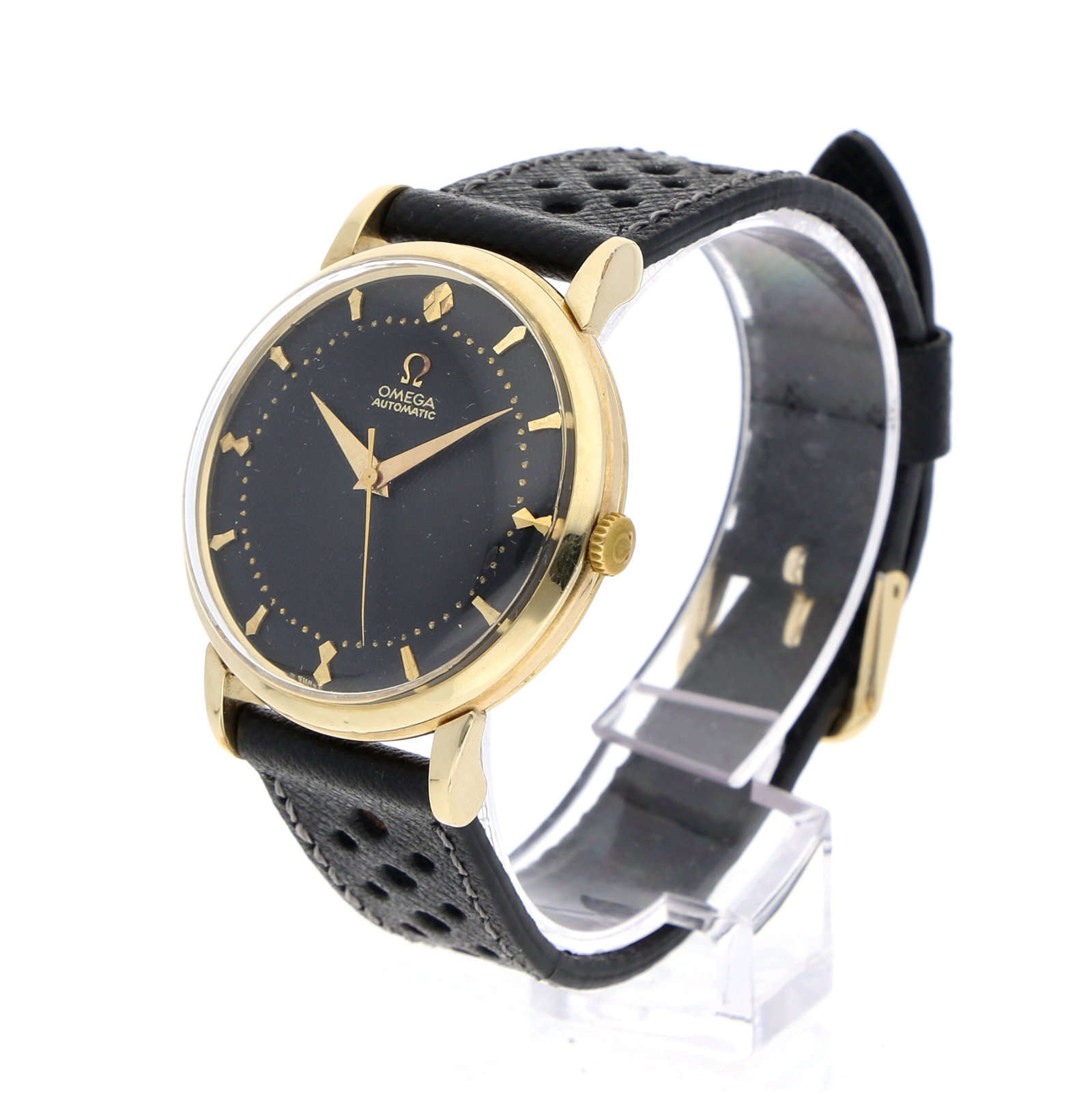 Omega: OMEGA AUTOMATIC BUMPER, Goldplaqué, Referenz 2446-5, Herstellungsjahr ca. 1954, Durchmesser 35 mm, Gehäuse Schlankes Rundgehäuse mit fein geschwungenen Bandanstössen; dunkles