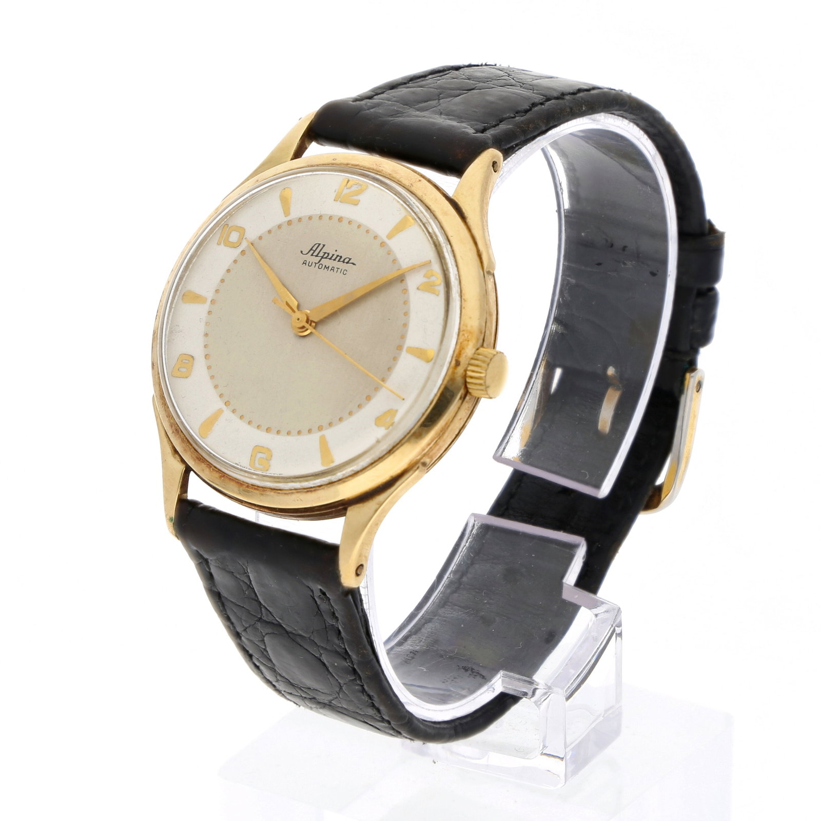 Alpina: ALPINA DRESSWATCH «BUMPER», 14K Gelbgold, Herstellungsjahr ca. Ende 1950er, Durchmesser 34 mm, Gehäuse Rundes Gehäuse aus 14K Gelbgold in klassischer Dressuhr-Proportion; champagnerfarbenes
