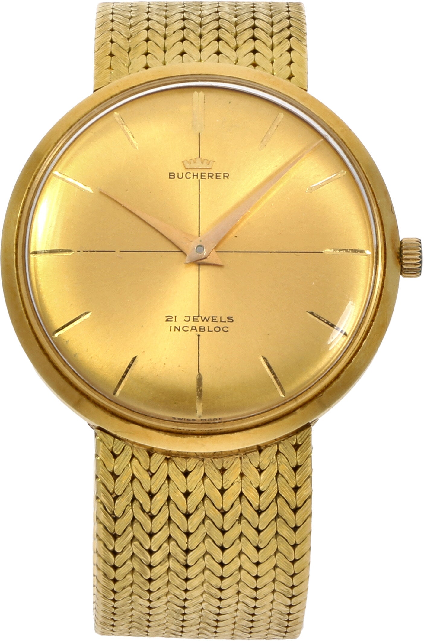 Bucherer: BUCHERER DRESSWATCH, 18K Gelbgold, Referenz 5183 L, Herstellungsjahr ca. 1965, Durchmesser 34 mm, Gehäuse Flaches, rundes Gehäuse aus 18K Gelbgold mit schmaler Lünette und integrierten
