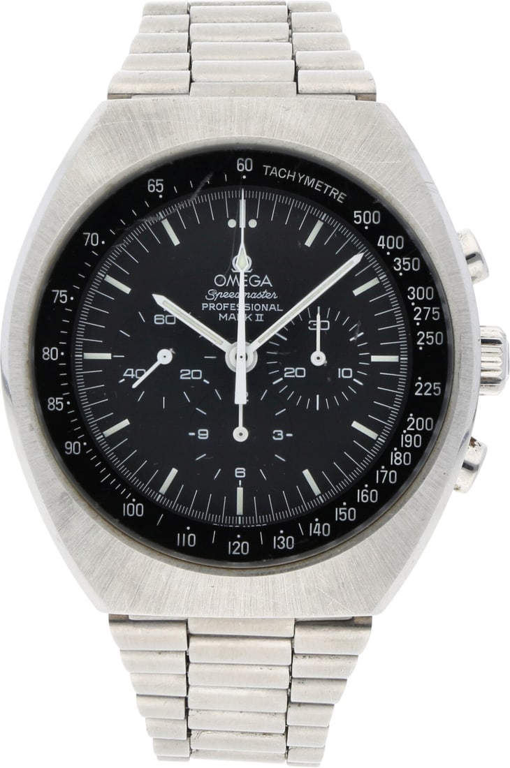 Omega: OMEGA SPEEDMASTER PROFESSIONAL MARK II, Edelstahl, Referenz 145.014, Herstellungsjahr ca. 1969, Durchmesser 42 mm × 45 mm, Gehäuse Markantes Tonneau-Gehäuse aus Edelstahl mit