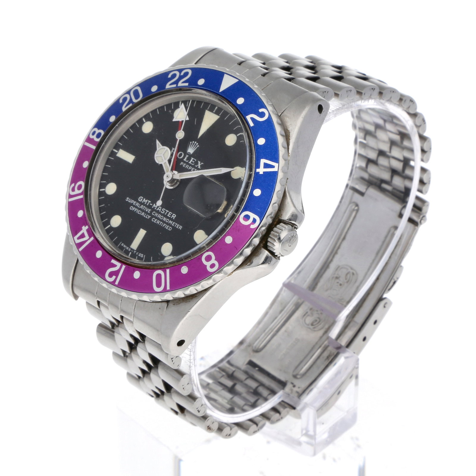Rolex: ROLEX GMT-MASTER «PEPSI FUCHSIA», Edelstahl, Referenz 1675, Herstellungsjahr ca. 1968, Durchmesser 40 mm, Gehäuse Klassisches Edelstahl-Oystergehäuse mit bidirektional drehbarer