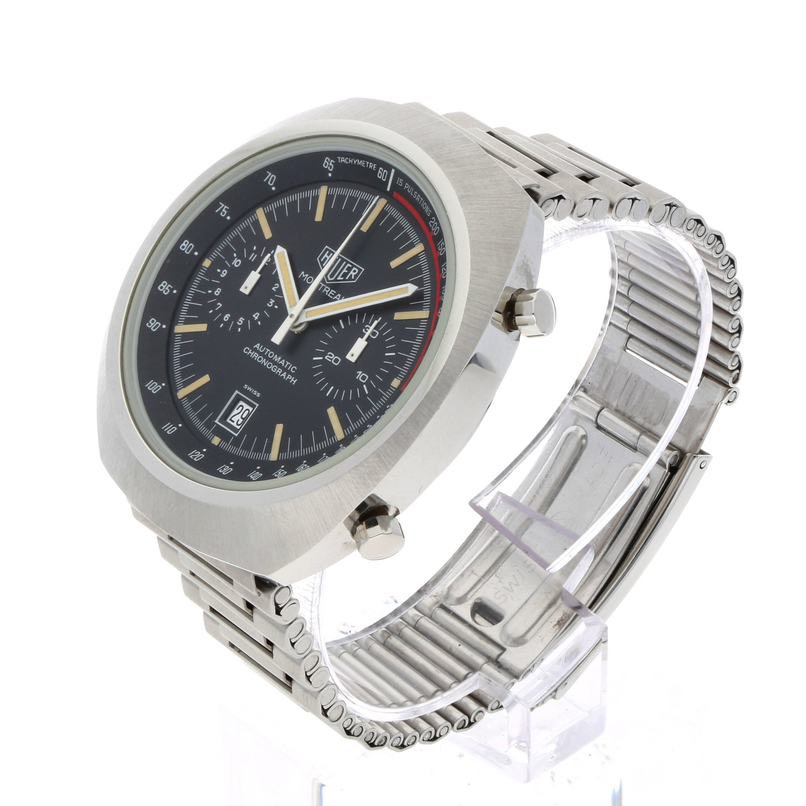 Tag Heuer: HEUER MONTREAL CHRONOGRAPH, Edelstahl, Referenz 110.503, Herstellungsjahr ca. 1972 – 1978, Durchmesser 42 mm, Gehäuse Markantes Tonneau-Gehäuse aus Edelstahl mit satinierten Flanken