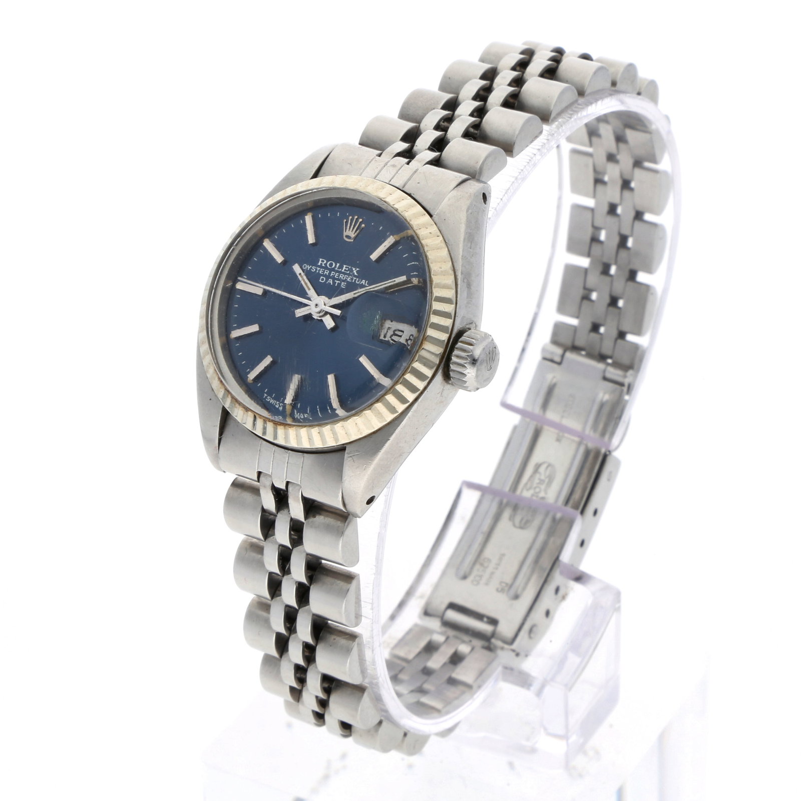 Rolex: ROLEX OYSTER PERPETUAL DATE, Edelstahl/18K Weissgold, Referenz 6900, Herstellungsjahr ca. 1978, Durchmesser 26 mm, Gehäuse Rundes Stahlgehäuse mit gerippter Lünette aus 18K Weissgold,