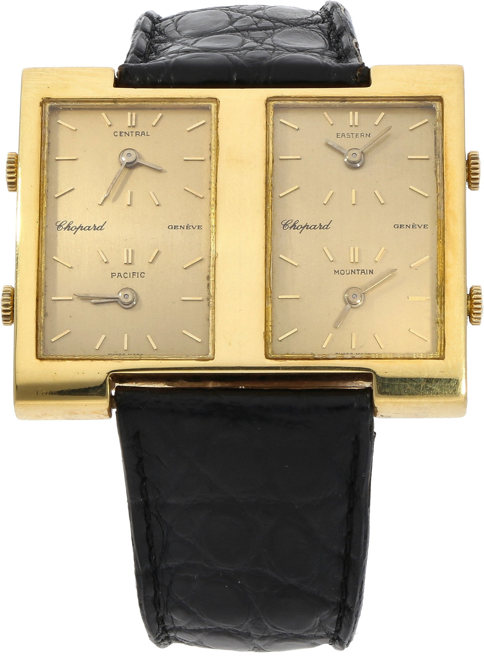 Chopard: CHOPARD VIER ZEITZONEN, 18K Gelbgold, Referenz 2034, Herstellungsjahr ca. 1980, Durchmesser 36 mm x 44 mm, Gehäuse Asymmetrisches Doppelgehäuse aus 18K Gelbgold mit markanter Blockstruktur. 