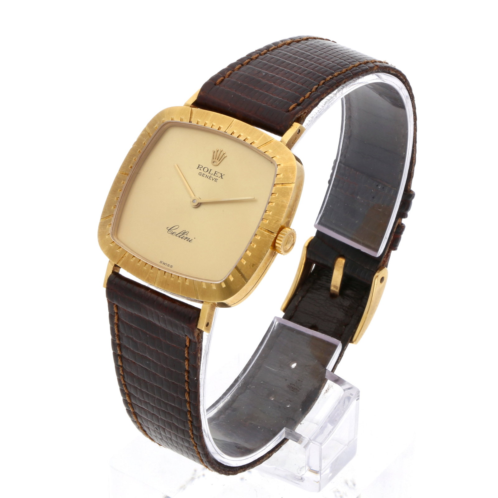 Rolex: ROLEX CELLINI, 18K Gelbgold, Referenz 4084, Herstellungsjahr ca. 1981, Durchmesser 30 mm x 28 mm, Gehäuse Cushion-förmiges Gehäuse aus 18K Gelbgold mit charakteristisch geriffelter