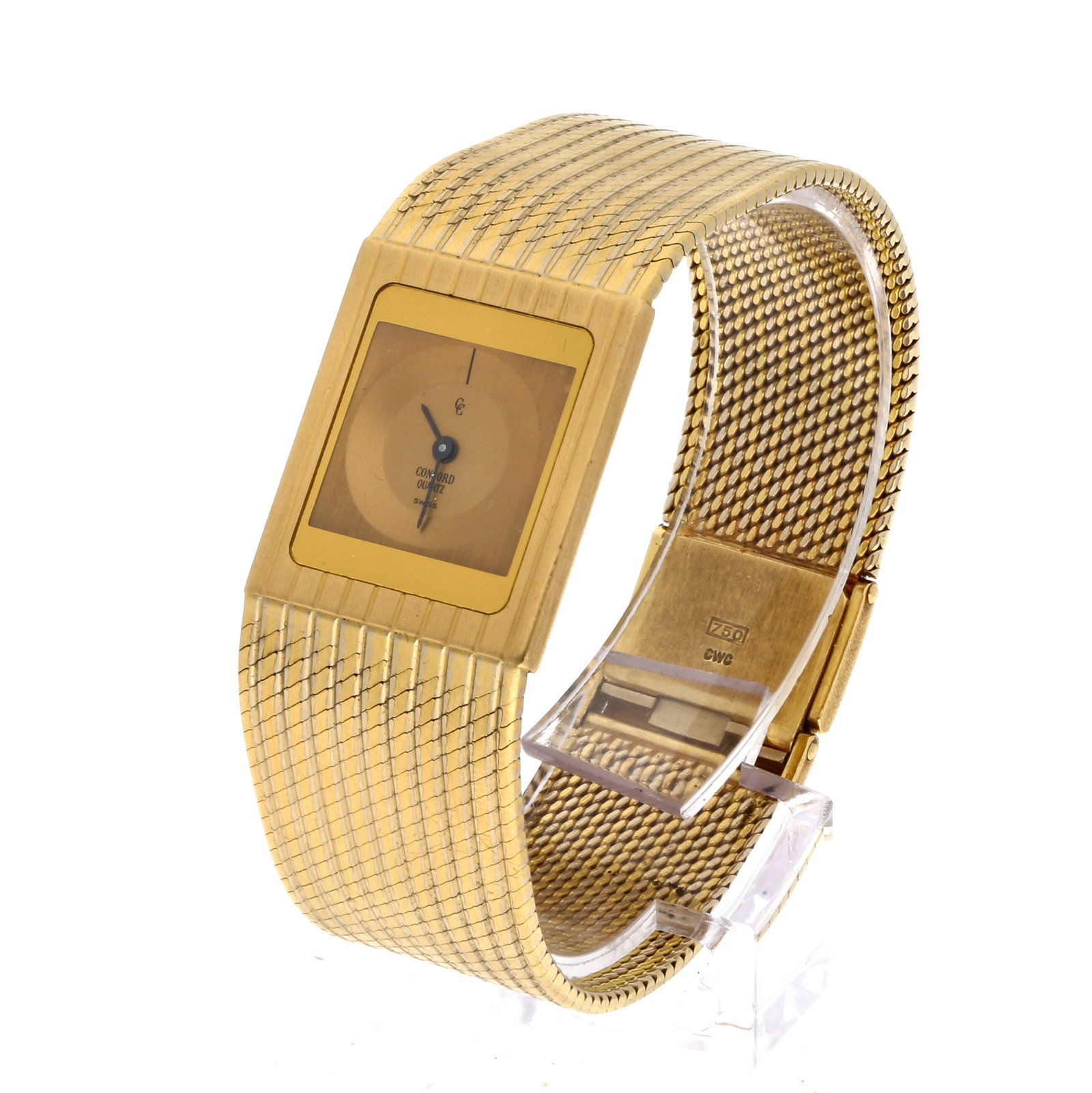 Diverse Marken: CONCORD DELIRIUM MARINER, 18K Gelbgold, Referenz 50 76 655, Herstellungsjahr ca.1980er-Jahre, Durchmesser 24 mm × 20 mm, Gehäuse Schlankes, rechteckiges Gehäuse aus 18K Gelbgold mit