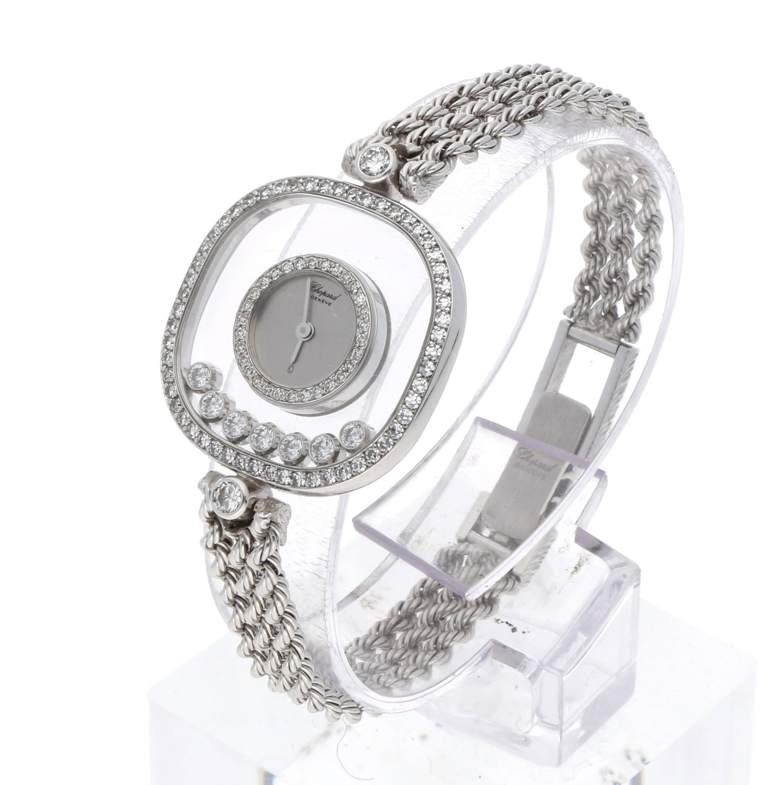 Chopard: CHOPARD HAPPY DIAMONDS JOAILLERIE, 18K Weissgold, Referenz 5177, Herstellungsjahr ca. 1985, Durchmesser ca. 28 mm, Gehäuse Kissenförmiges Gehäuse aus 18K Weissgold mit doppelter
