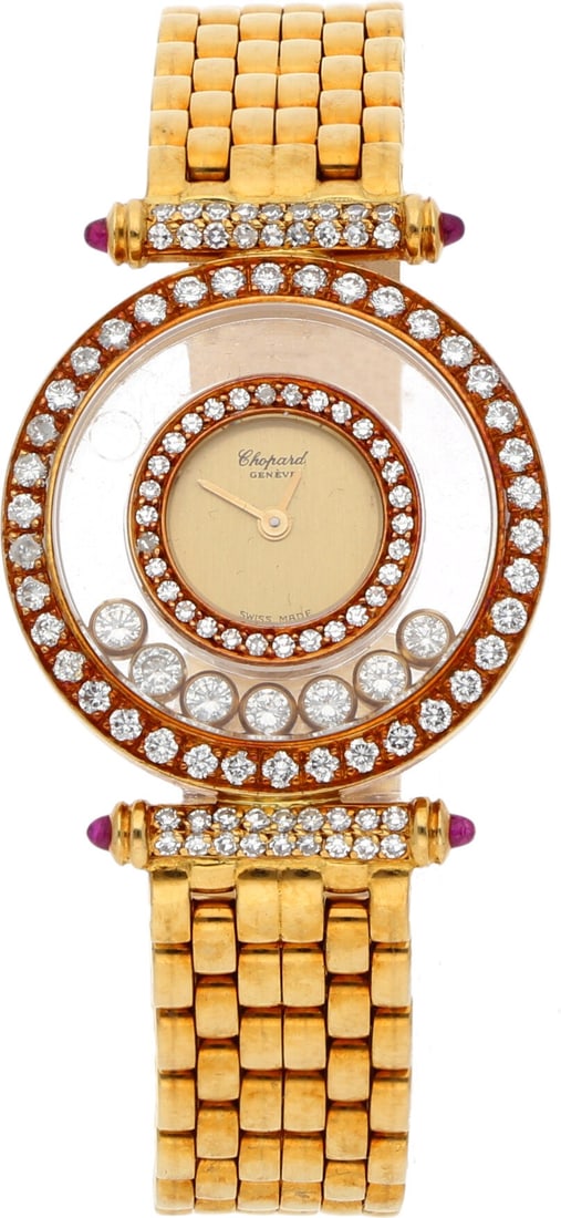 Chopard: CHOPARD HAPPY DIAMONDS LADY JOAILLERIE, 18K Gelbgold, Referenz 4118/1, Herstellungsjahr ca. späte 1980er Jahre, Durchmesser 25 mm, Gehäuse Rundes Gelbgoldgehäuse mit doppelreihiger