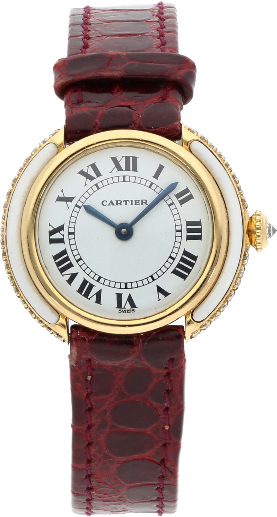 Cartier: CARTIER VENDOME, 18K Gelbgold, Herstellungsjahr ca. 1980, Durchmesser 25,5 mm, Gehäuse Rundes Vendôme-Gehäuse aus 18K Gelbgold mit godronierter Diamantlünette und weissen